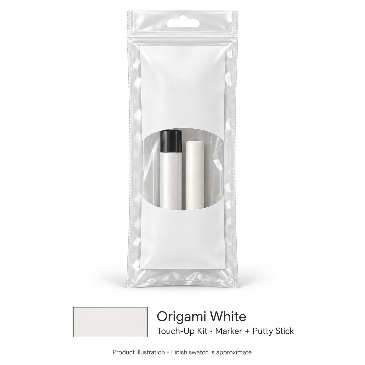 Signature Shaker Touch-Up Kits for Origami White; neutral product illustration with approximate finish swatch