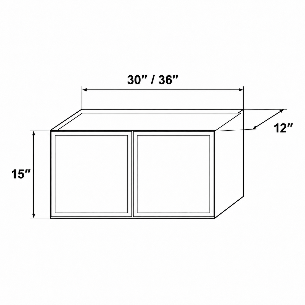 Slim Shaker 15-Inch-Tall Double-Door Wall Cabinet dimension drawing — 30 or 36 inches wide, 15 inches high, 12 inches deep