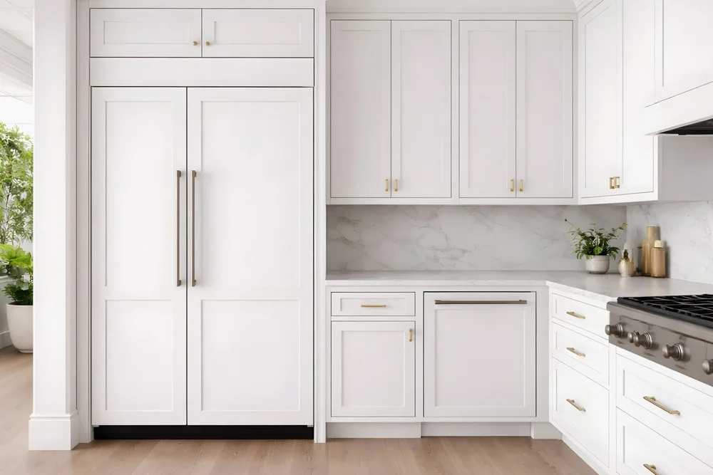 Appliance integrated with surrounding cabinetry and balanced fillers