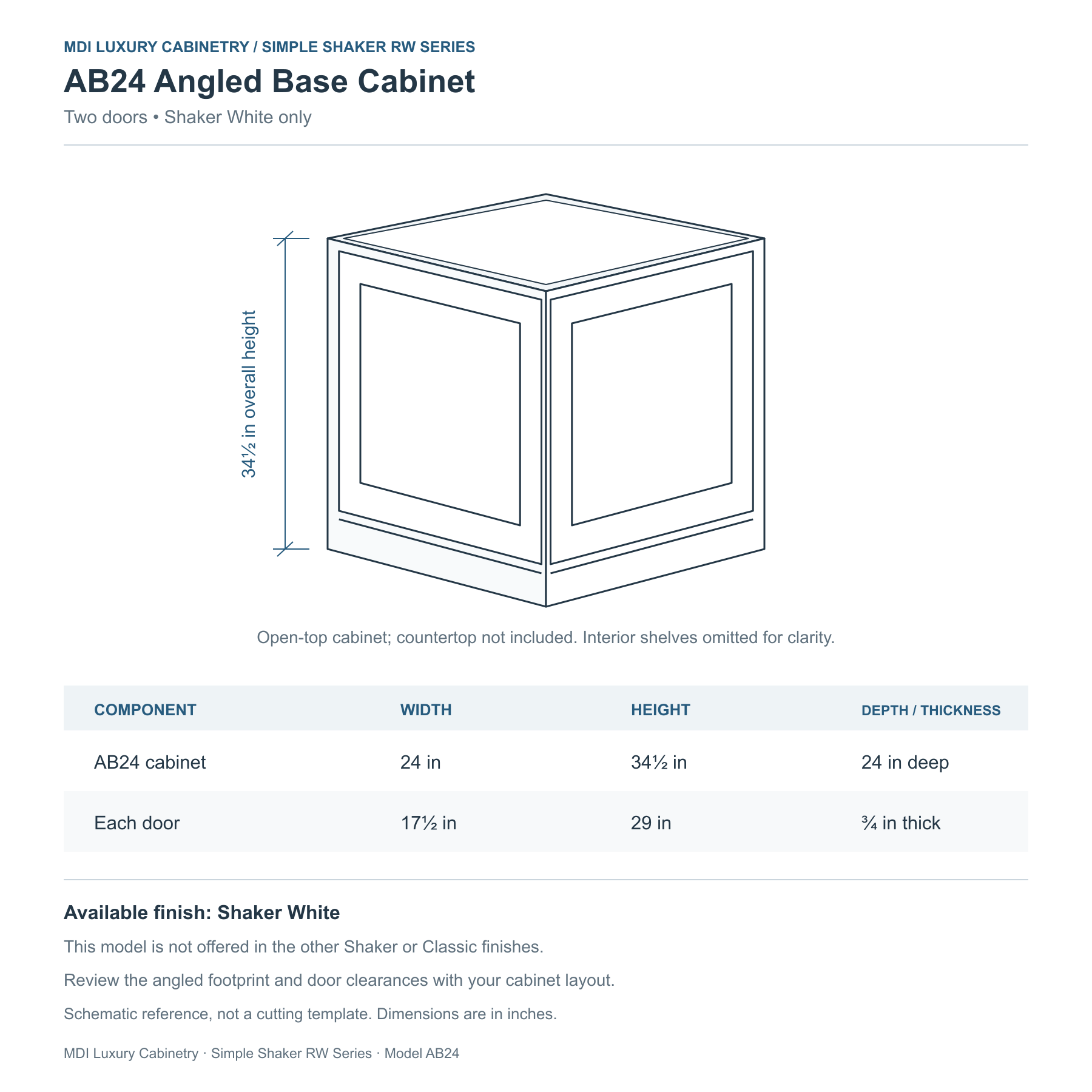 Simple Shaker RW Series AB24 White angled base cabinet dimensions: 24 inches wide, 34.5 inches high and 24 inches deep, with two angled doors.