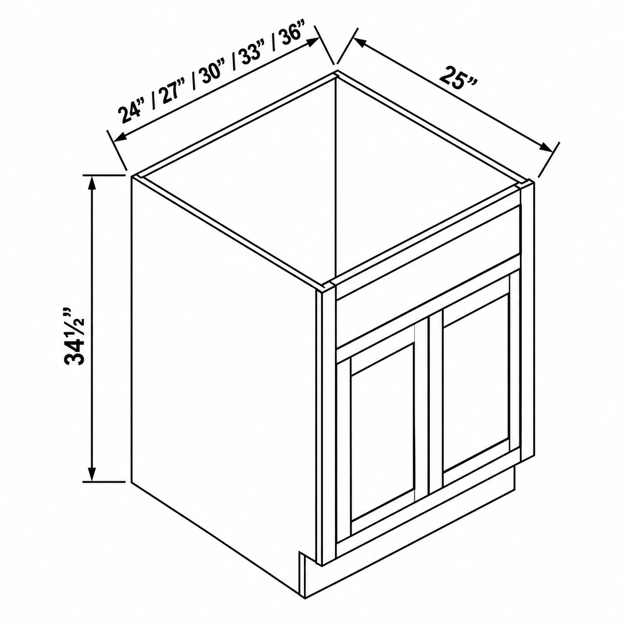 MDI Inset sink base dimensions: 24, 27, 30, 33, 36 inches wide, 34.5 inches high and 25 inches deep