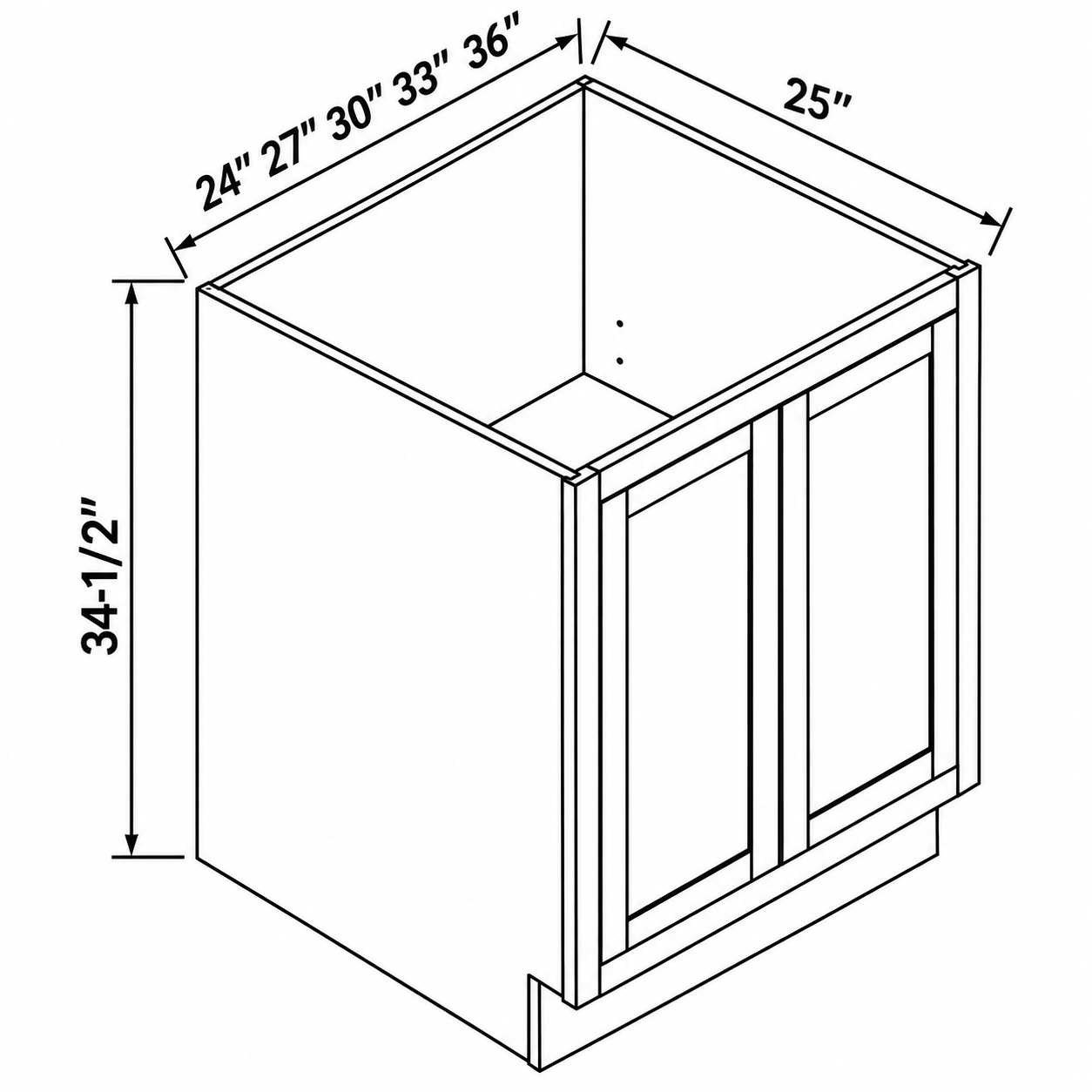 MDI Inset double full-height door base drawing — two doors, no drawers, 24 to 36 inches wide, 34.5 inches high and 25 inches deep