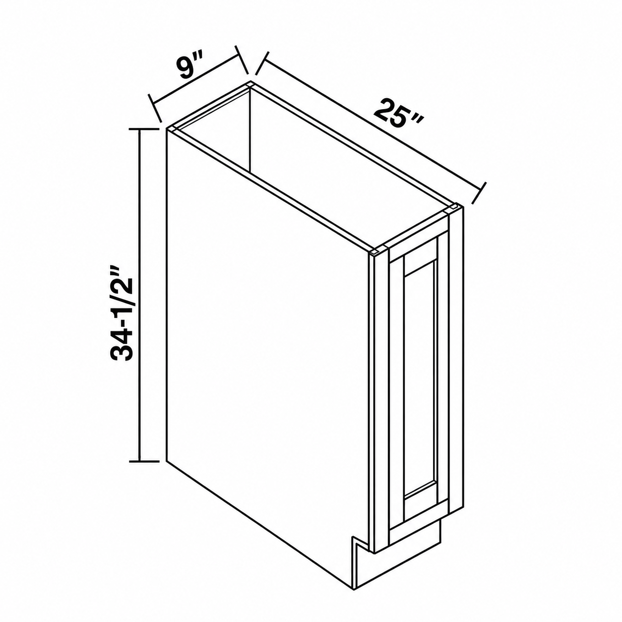MDI Inset TB09 tray-base drawing: 9 inches wide, 34.5 inches high, 25 inches deep, one full-height door and no drawer