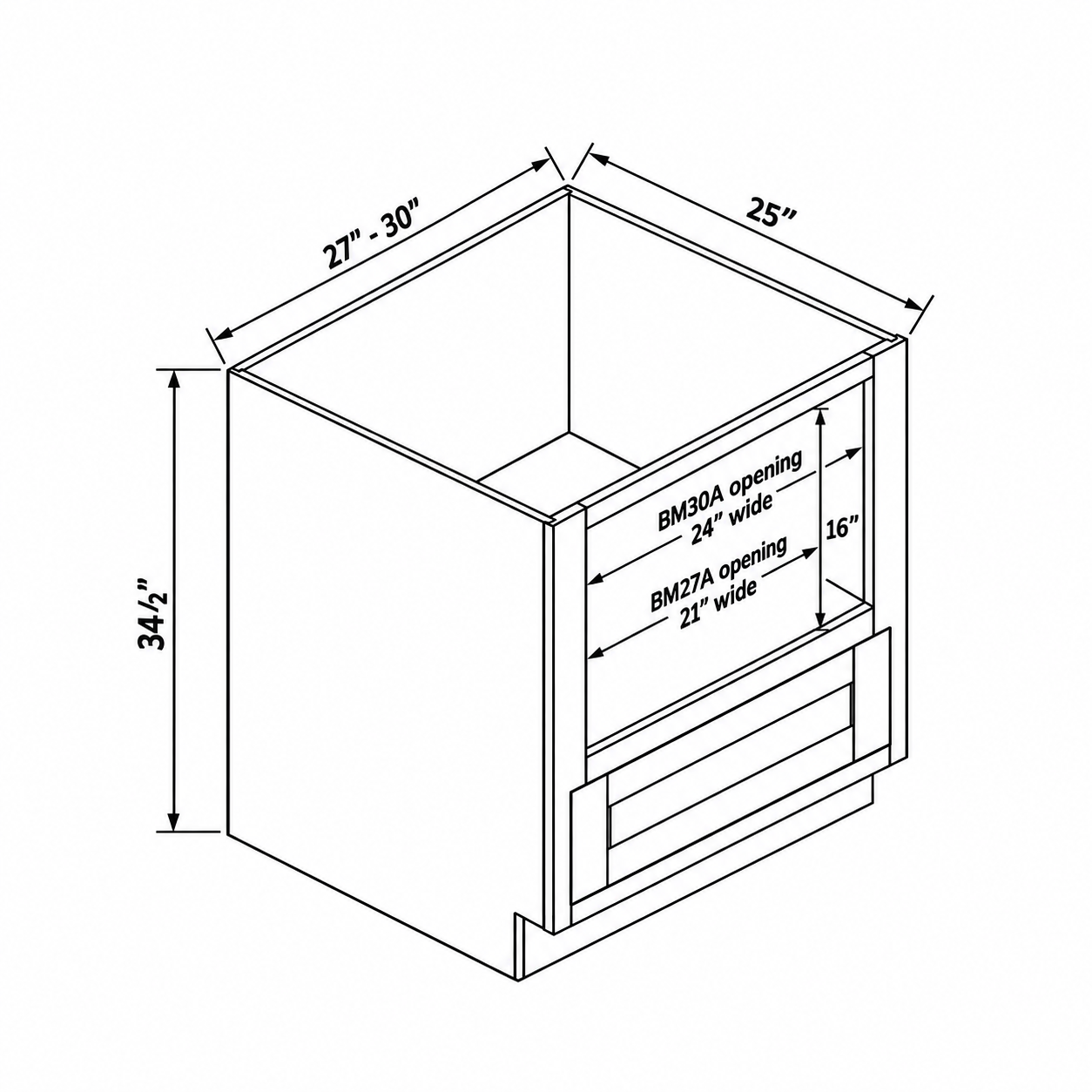 MDI Inset BM27A and BM30A microwave base dimensions with 21-by-16-inch and 24-by-16-inch openings