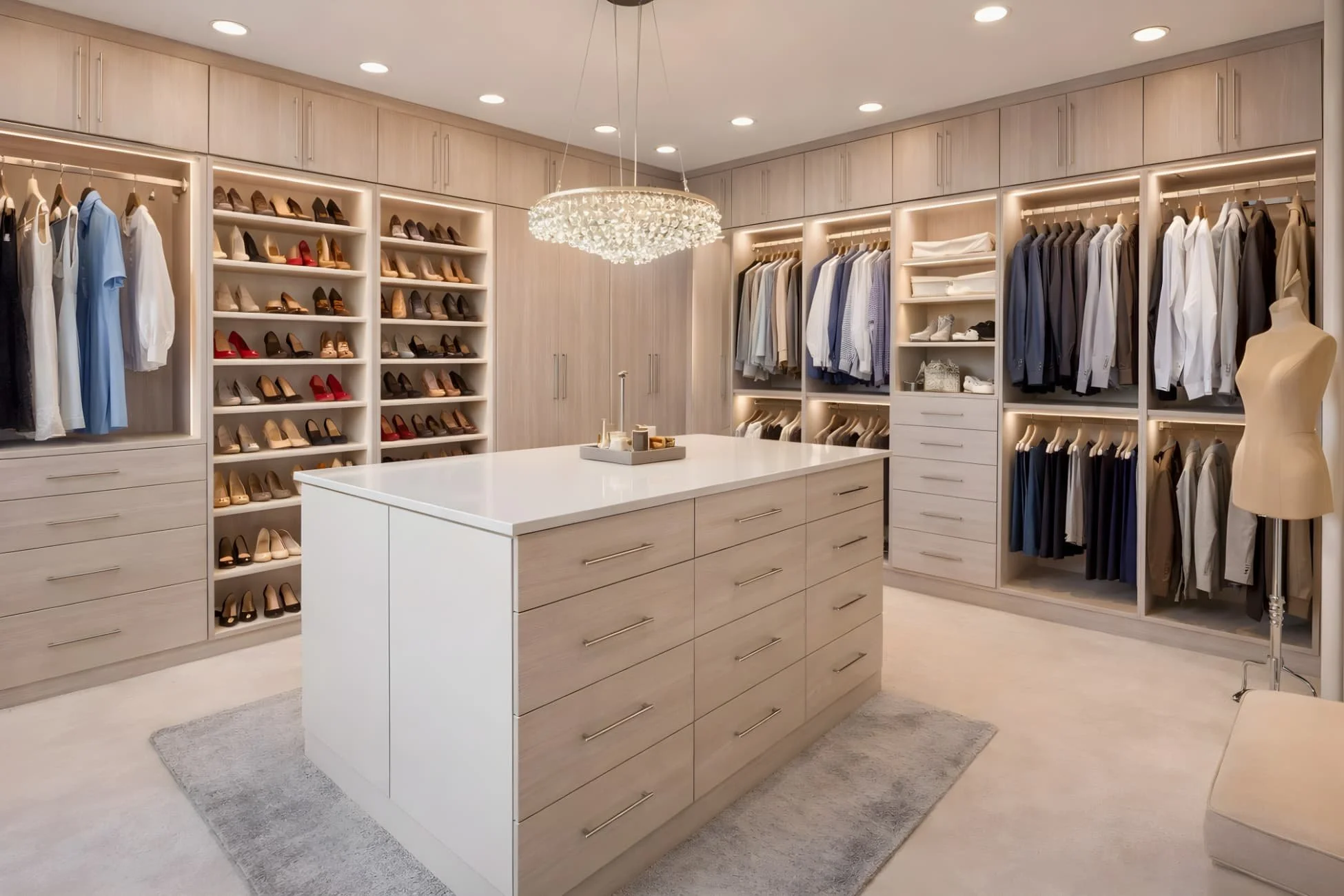 Luxury custom walk-in closet with built-in cabinetry, drawer island, shoe shelving, hanging storage, and modern lighting in Clearwater Florida