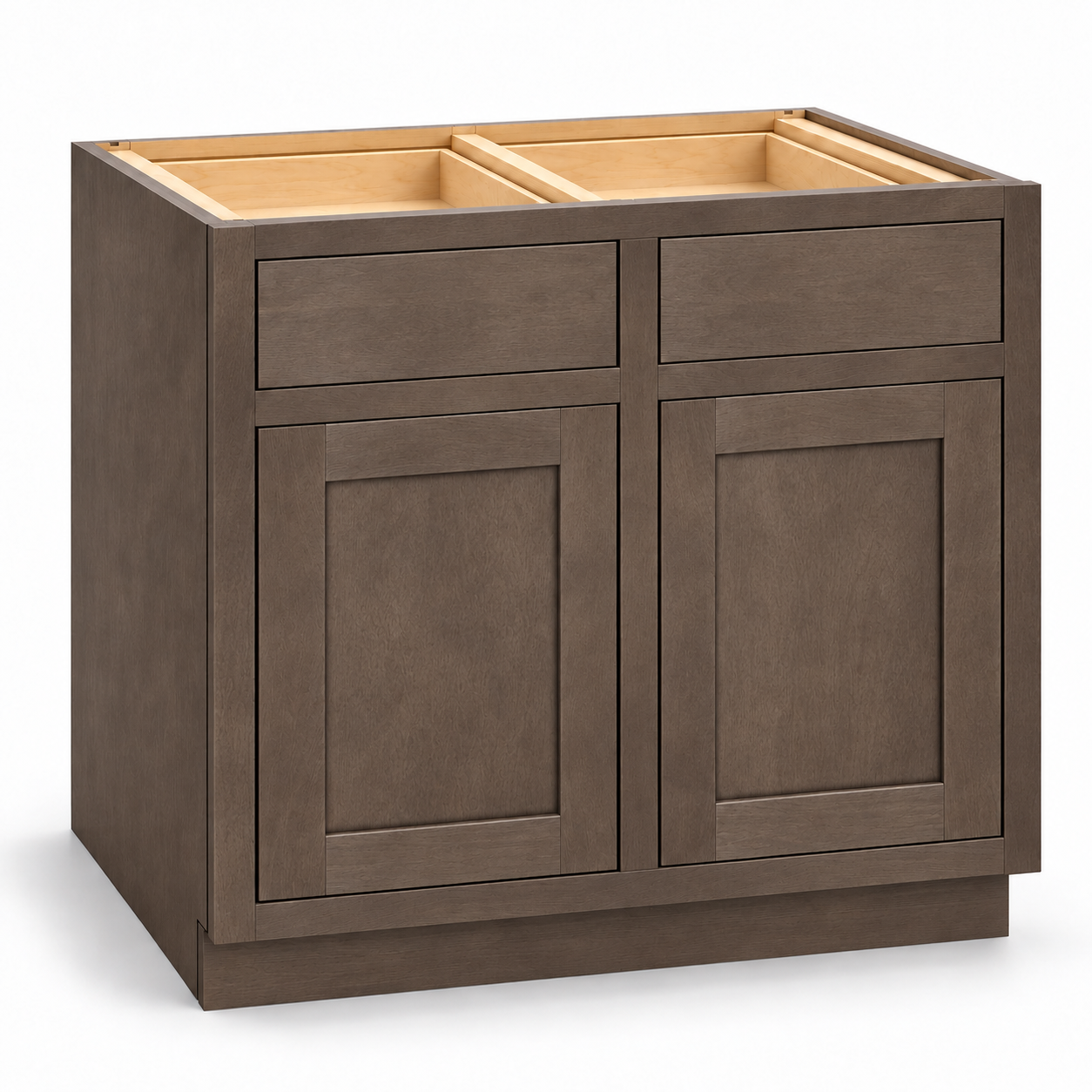 MDI Inset B42 Truffle Brown base with two inset slab drawers above two recessed-panel doors and a central face-frame stile