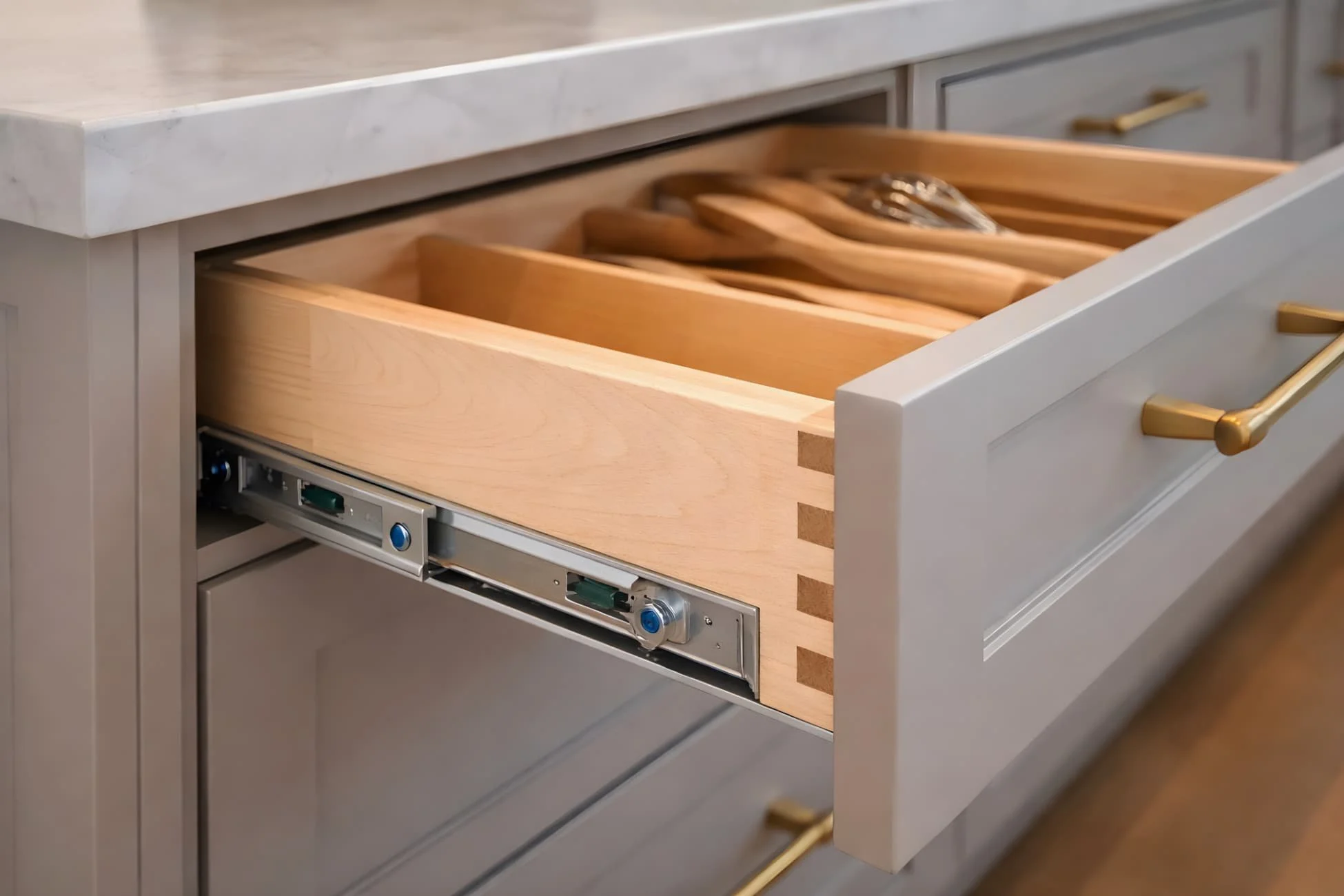 Solid wood dovetail drawer construction with precision joinery and soft-close slide hardware inside a luxury kitchen cabinet
