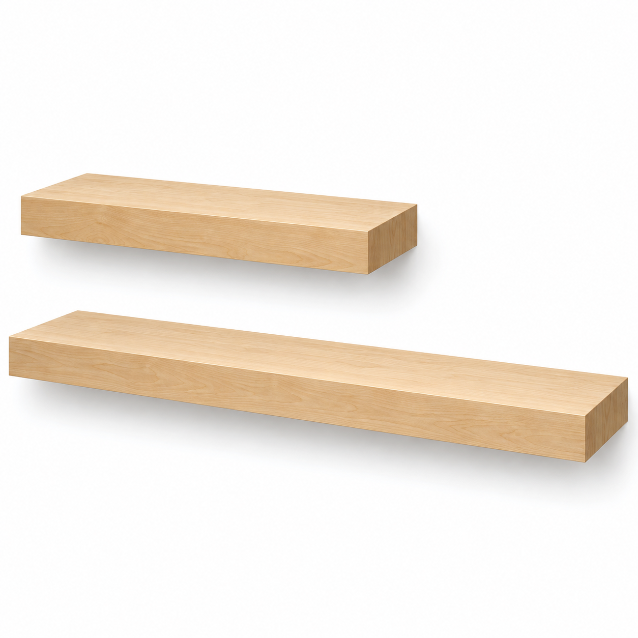 Natural wood floating shelves showing 48-inch and 96-inch length options, each sold individually