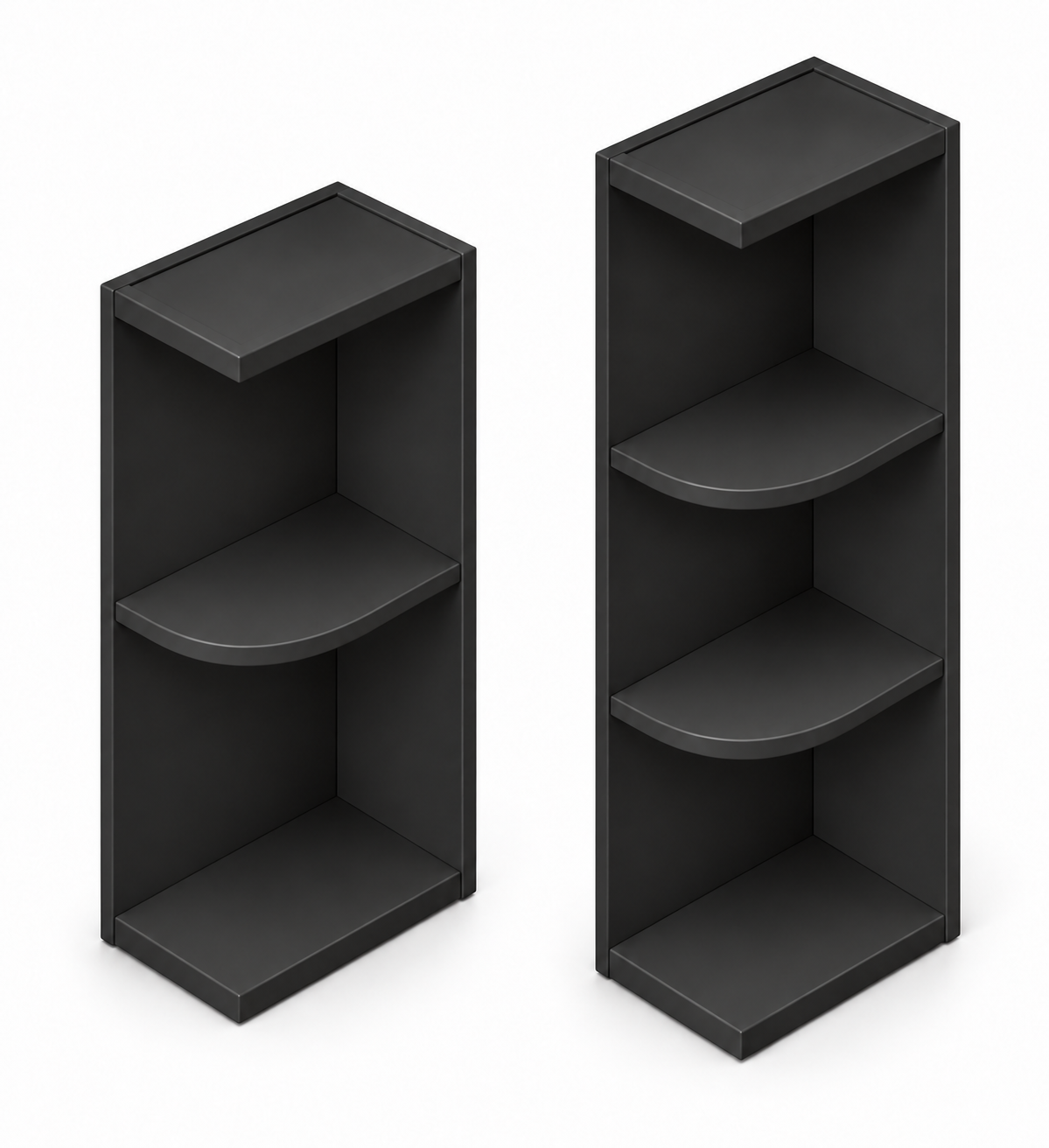 Slim Shaker decorative wall end shelves in Charcoal Black; one-shelf and two-shelf configurations