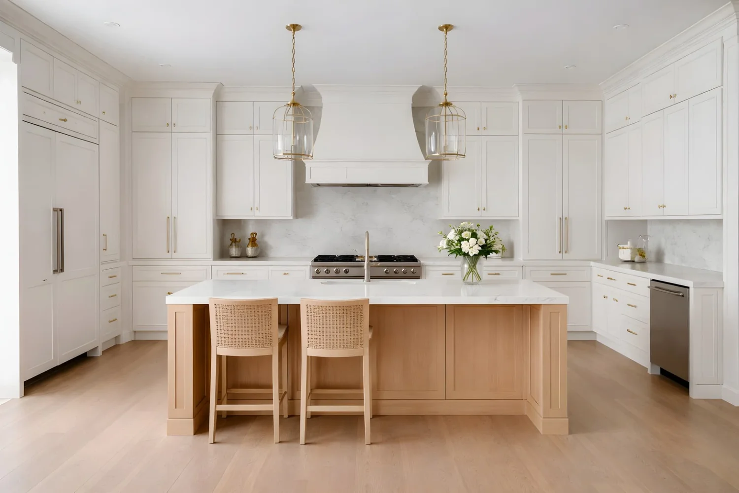 Custom millwork transitions connecting cabinetry cleanly to the surrounding room