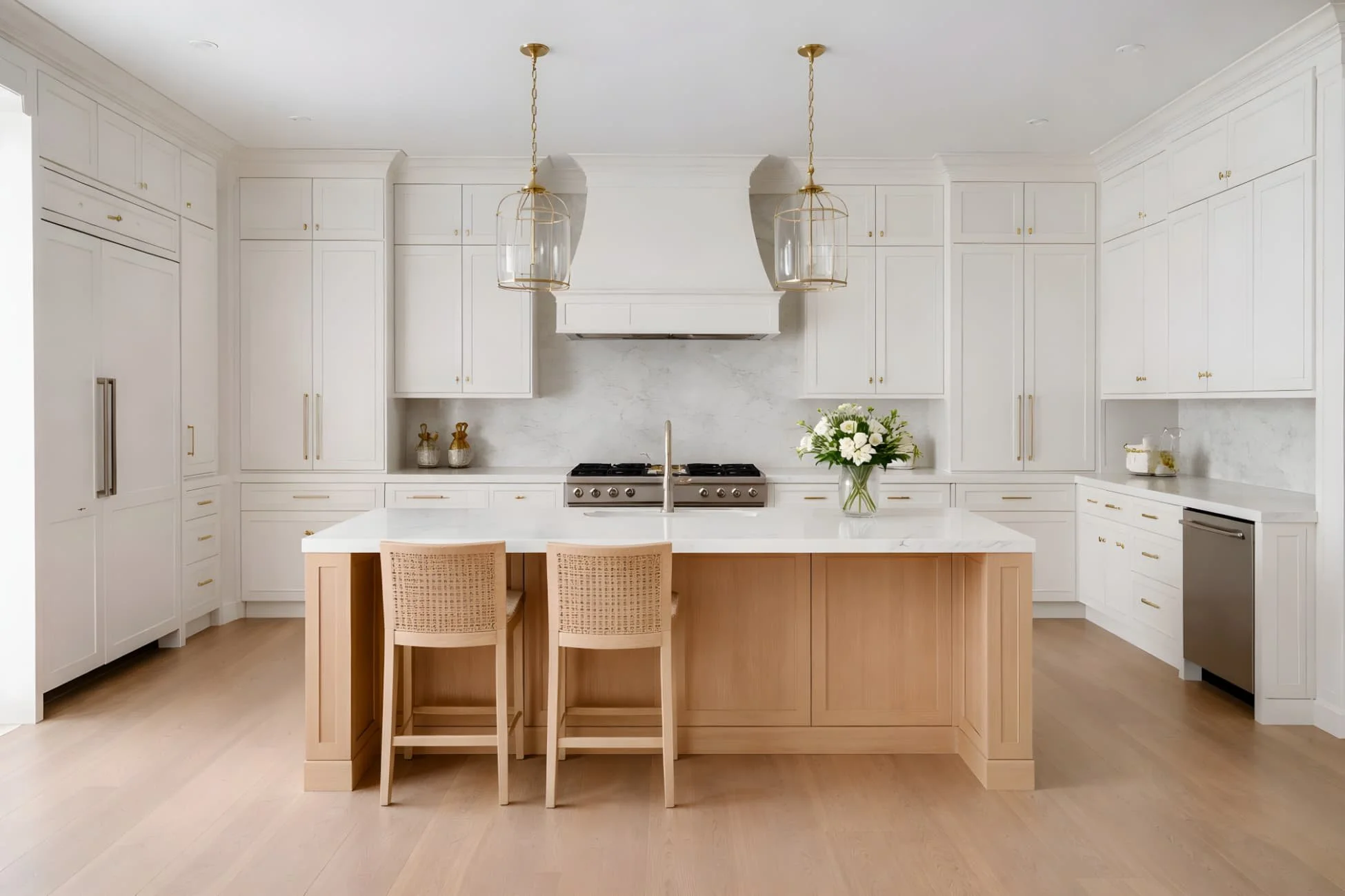 Custom millwork transitions connecting cabinetry to ceilings, walls, appliances, and flooring with clean alignment