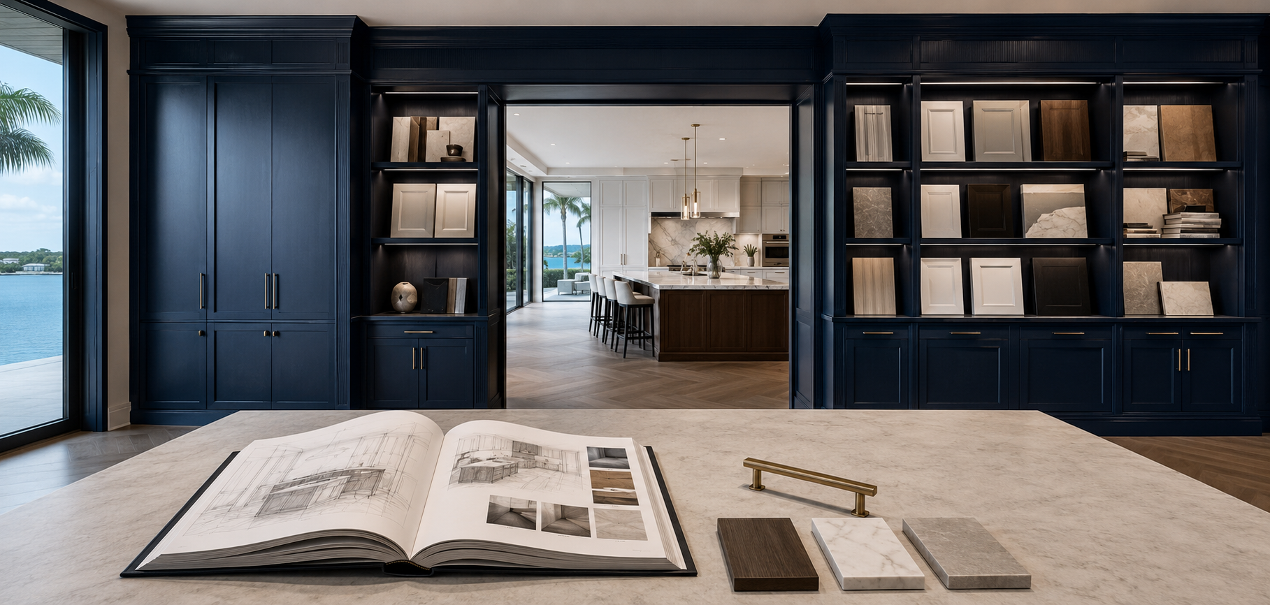 Luxury cabinetry design center with cabinet door samples, stone finishes, hardware selections, and an open kitchen planning guide.
