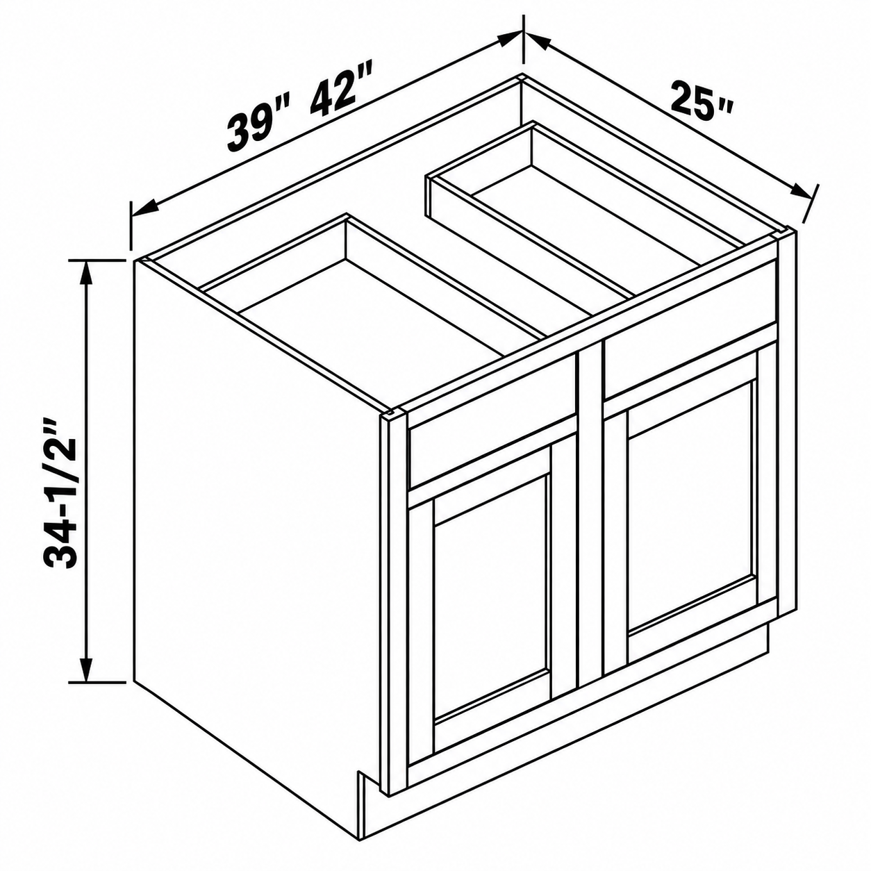 MDI Inset double door double drawer base dimensions: 39 or 42 inches wide, 25 inches deep and 34.5 inches high