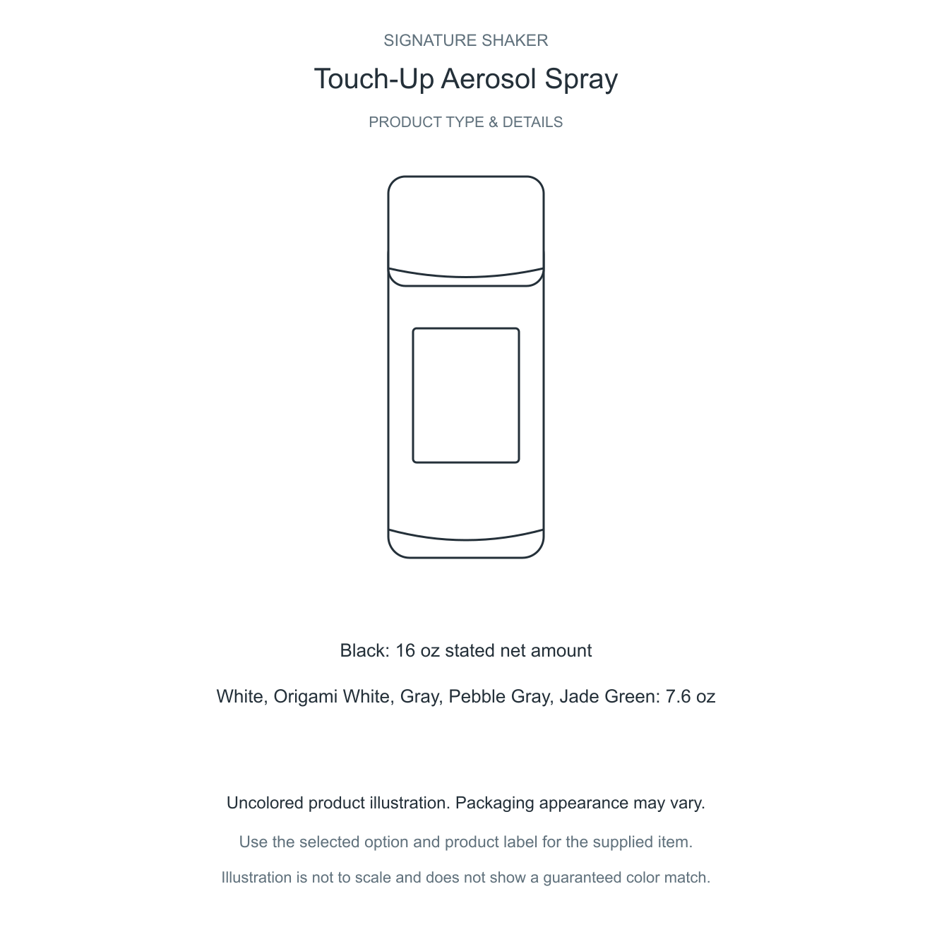 Signature Shaker Touch-Up Aerosol Spray complete unbranded product illustration and details