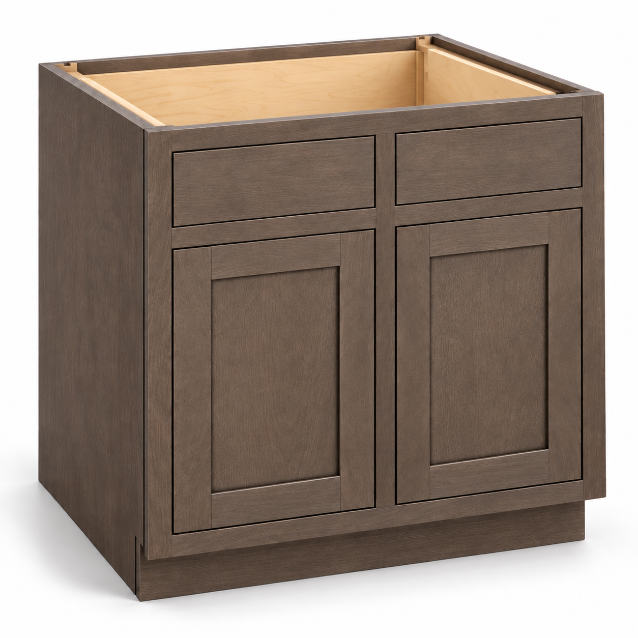 MDI Inset Truffle Brown sink base with two recessed-panel inset doors and two fixed slab false fronts