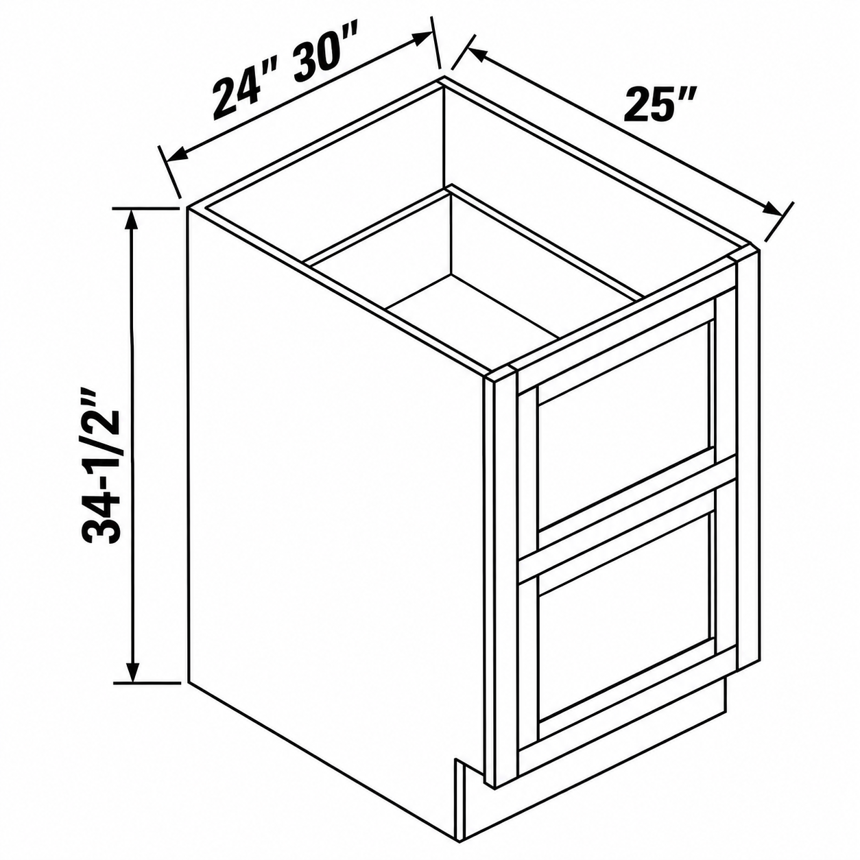 MDI Inset two drawer base dimensions: 24 or 30 inches wide, 25 inches deep and 34.5 inches high