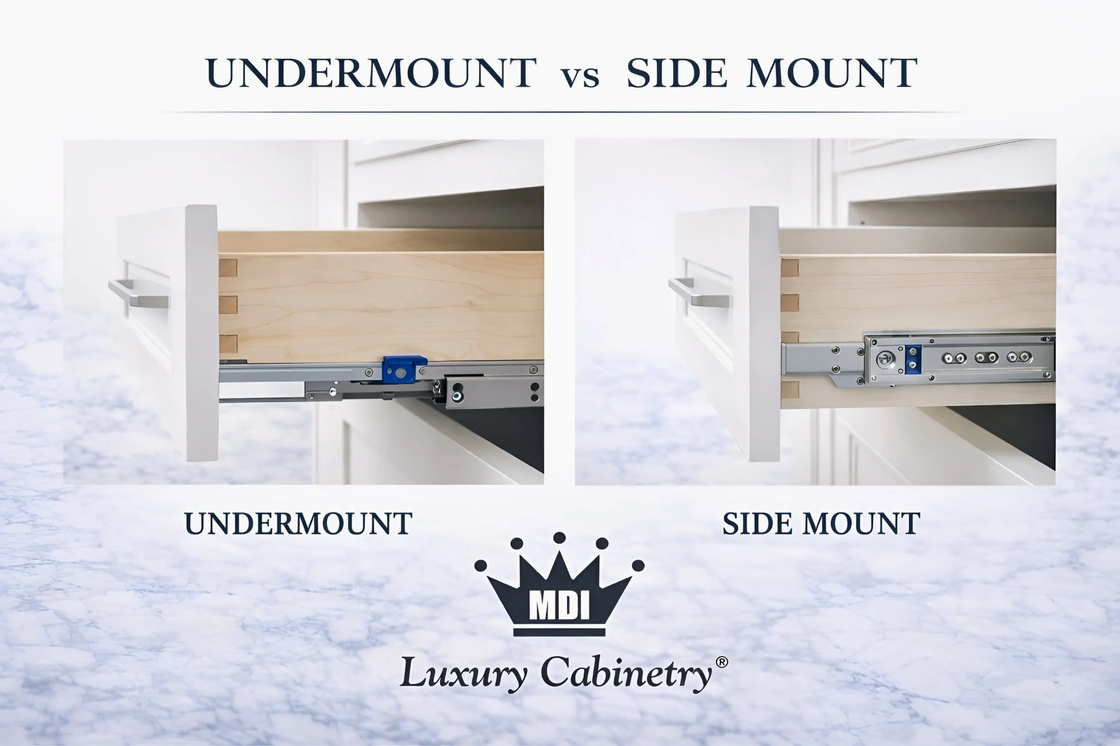 White shaker drawer front with slim modern bar handle, showing dovetail white birch drawer box construction and side-by-side comparison of undermount vs side mount soft-close drawer guides, branded with MDI Luxury Cabinetry logo.