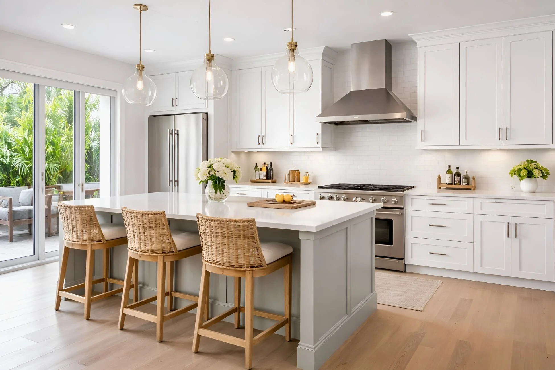 luxury white shaker RTA kitchen cabinets with large island in a bright modern Florida kitchen