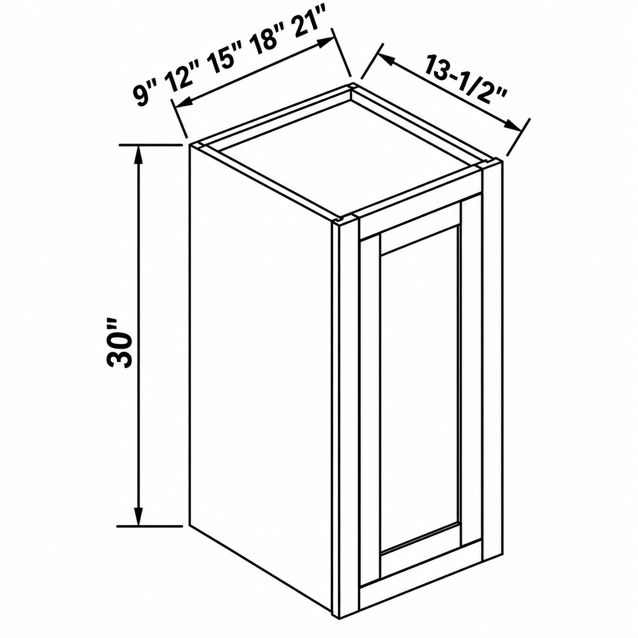 MDI Inset single-door wall dimensions: 9, 12, 15, 18 or 21 inches wide, 30 inches high and 13.5 inches deep