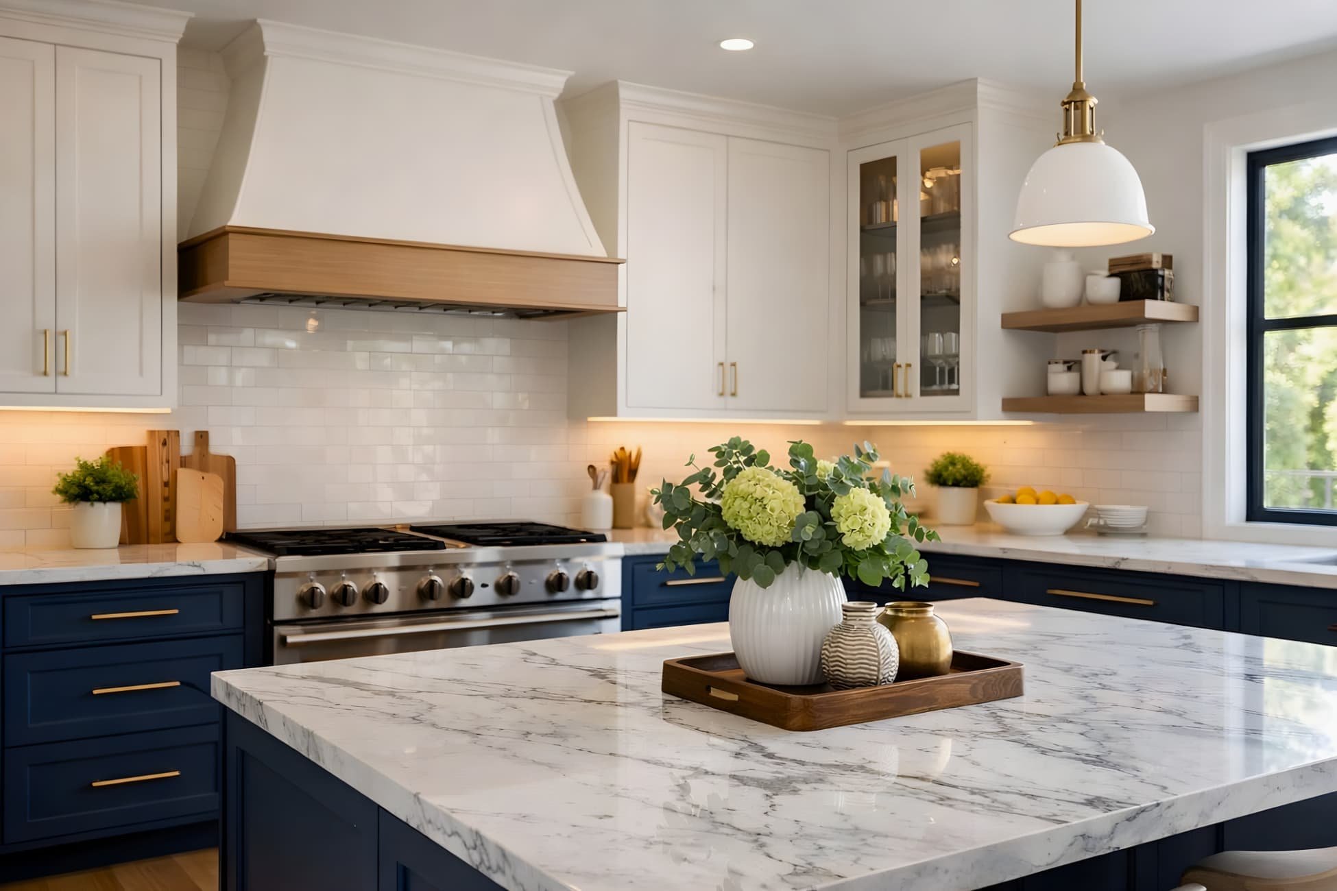 Luxury kitchen with custom cabinetry, marble island, soft-close drawers, and high-quality cabinet construction in a modern home