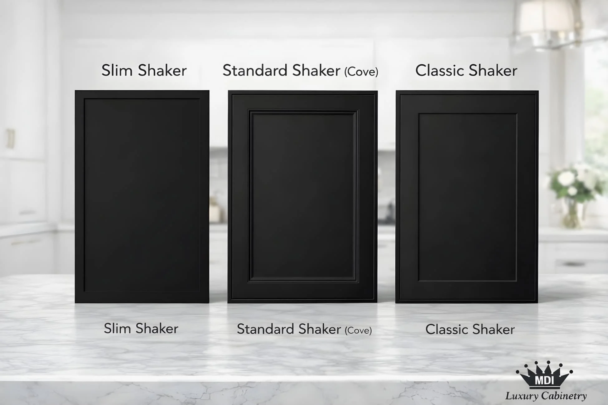 Slim shaker vs standard shaker cove vs classic shaker cabinet door comparison in black – MDI Luxury Cabinetry door profile guide