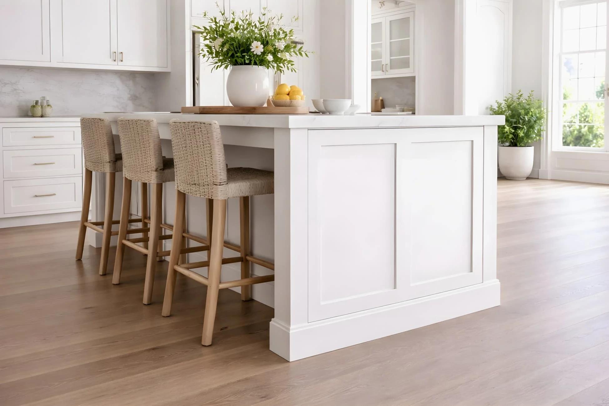 Furniture-style cabinet end panels and island detailing for a built-in finish