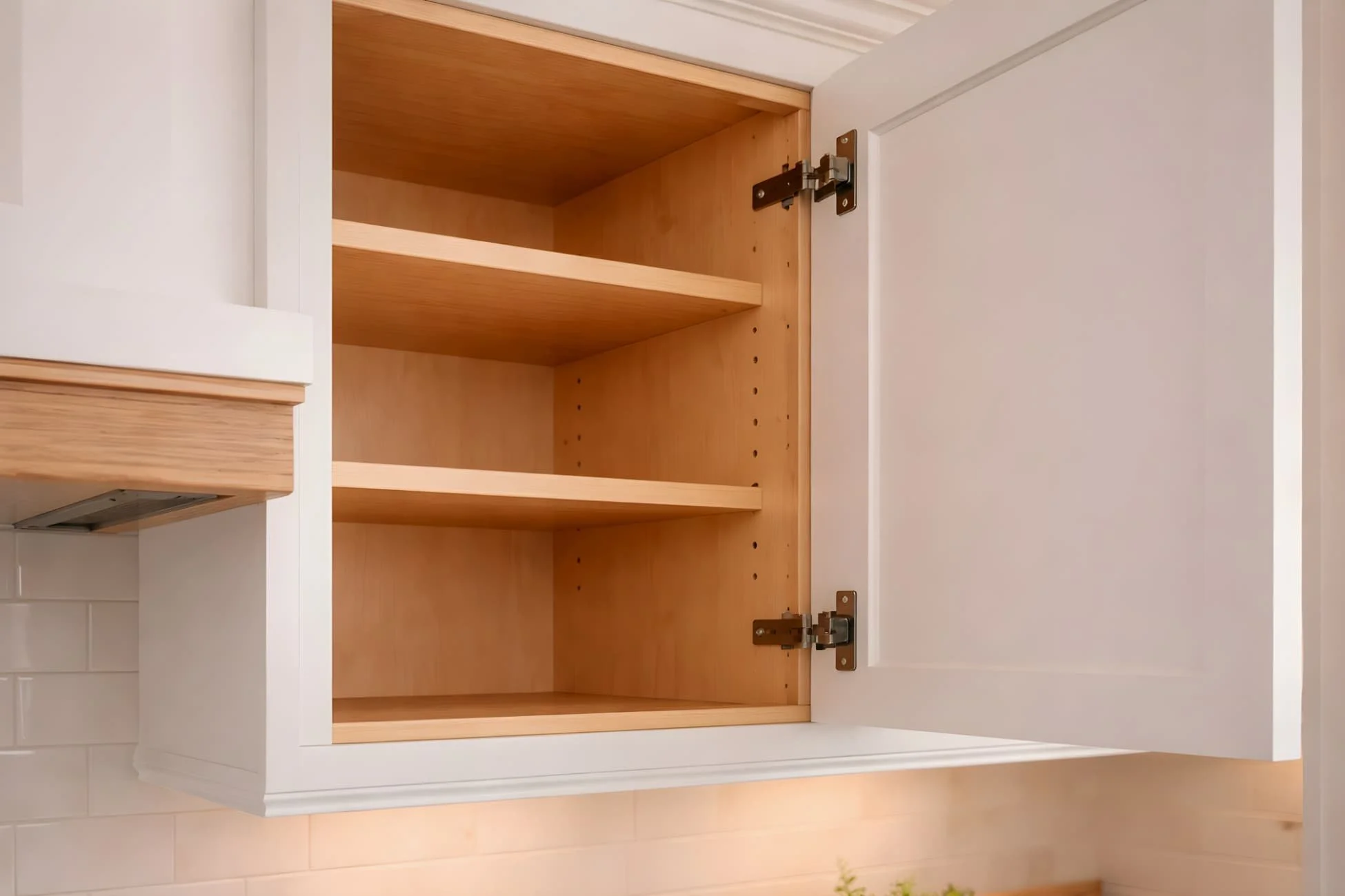 Plywood cabinet box interior showing layered wood construction, adjustable shelving, and soft-close hinge hardware