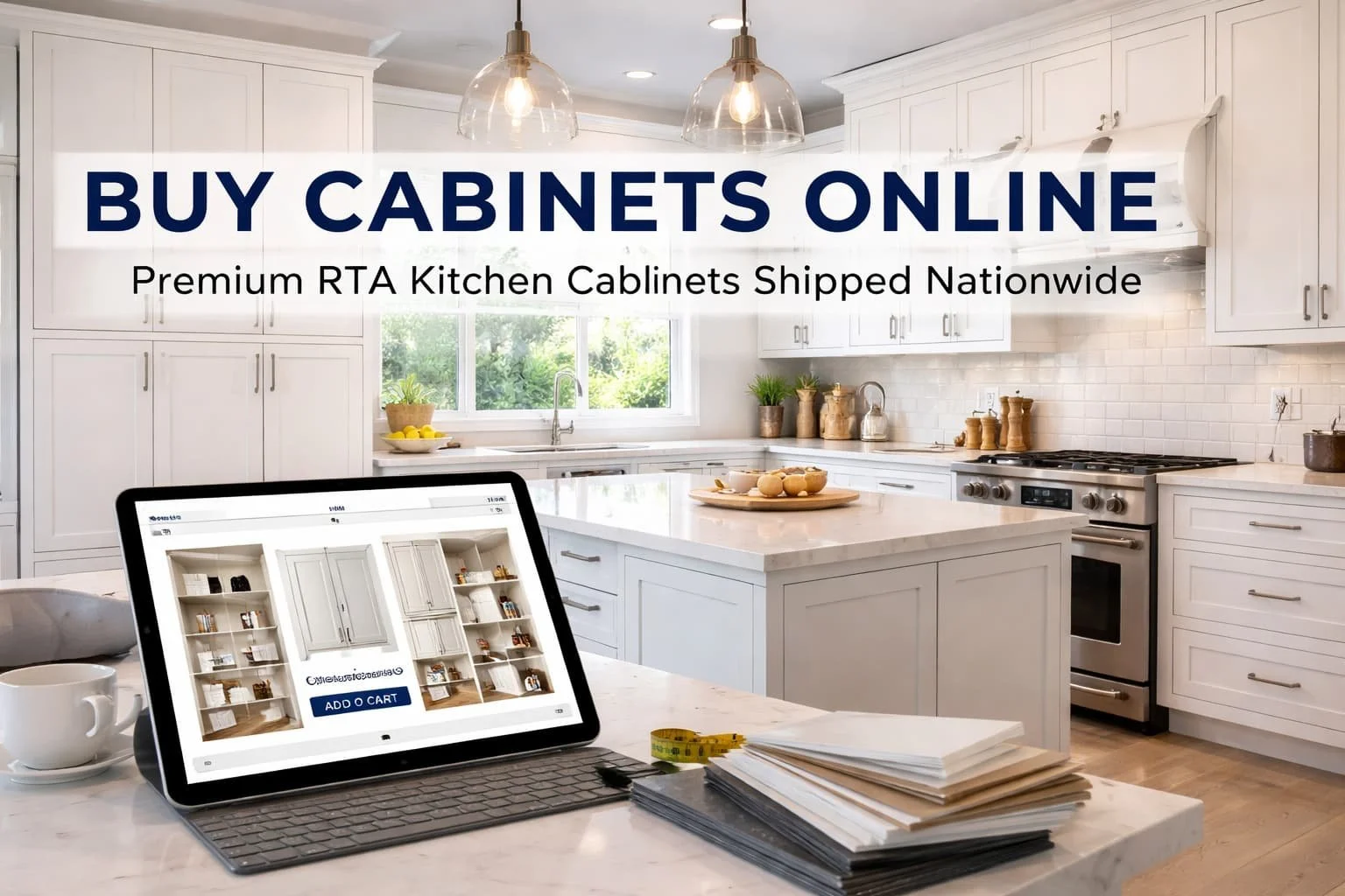 Buy cabinets online with a premium RTA kitchen featuring shaker-style cabinetry and nationwide delivery