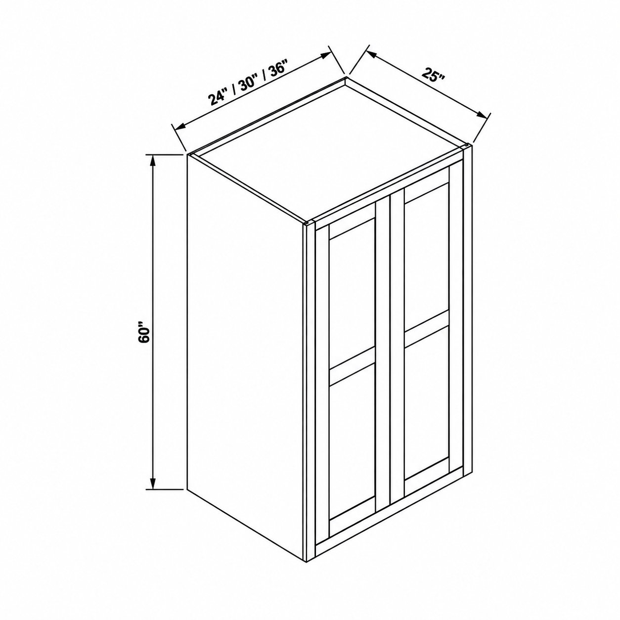 MDI Inset deep wall cabinet dimensions: 24, 30, 36 inches wide, 60 inches high and 25 inches deep