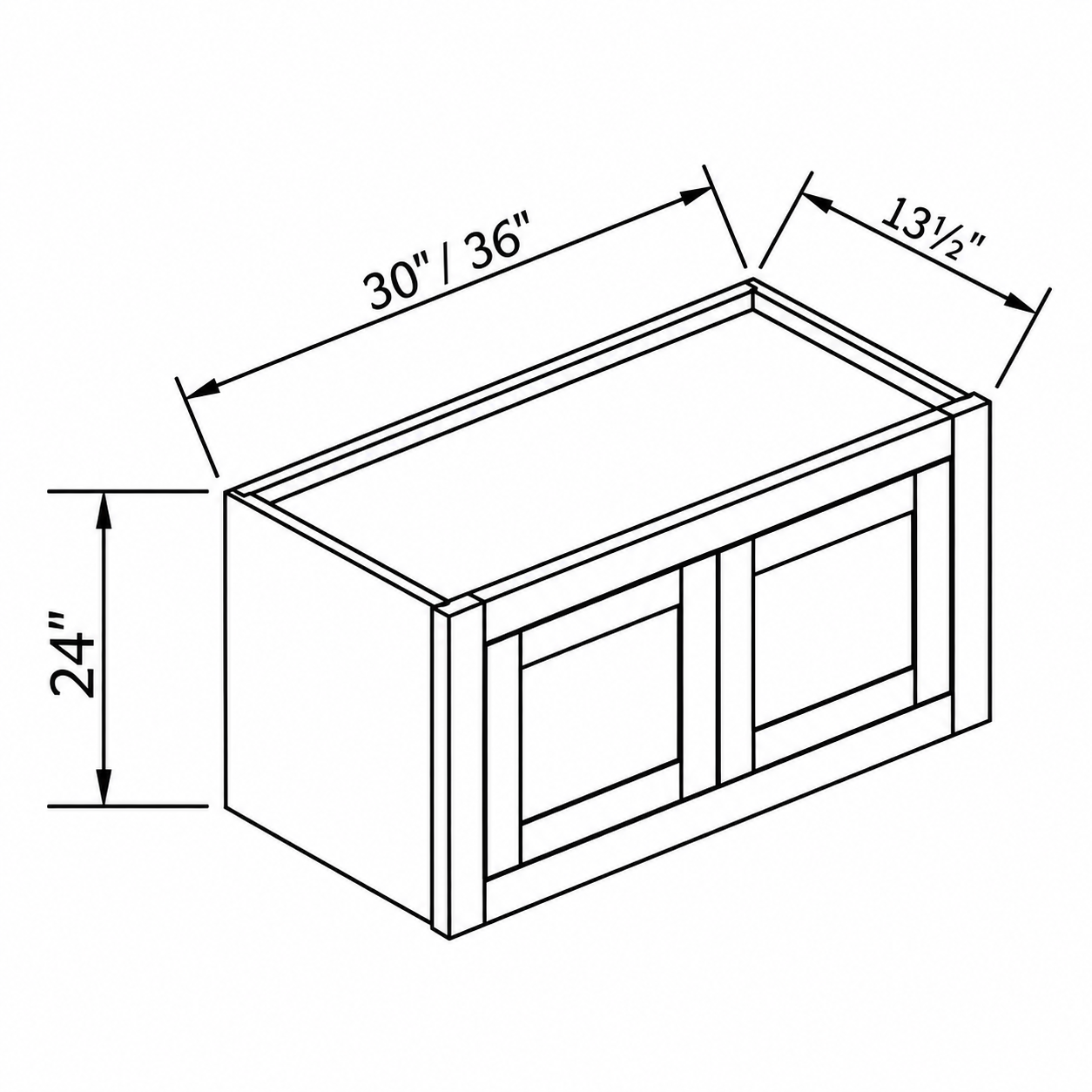 MDI Inset double-door wall cabinet dimensions: 30, 36 inches wide, 24 inches high and 13.5 inches deep