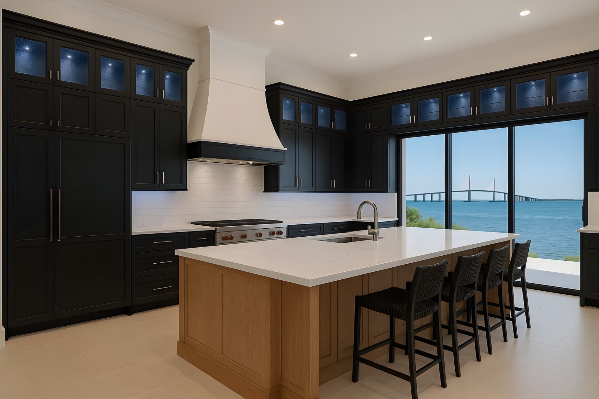 Ultra-luxury coastal kitchen with 14-ft ceilings, full wall of sliding glass doors overlooking the Sunshine Skyway Bridge, black shaker cabinetry with seedy-glass lighted uppers, blue lLED accent lighting, Calcutta countertops, and a massive white oa
