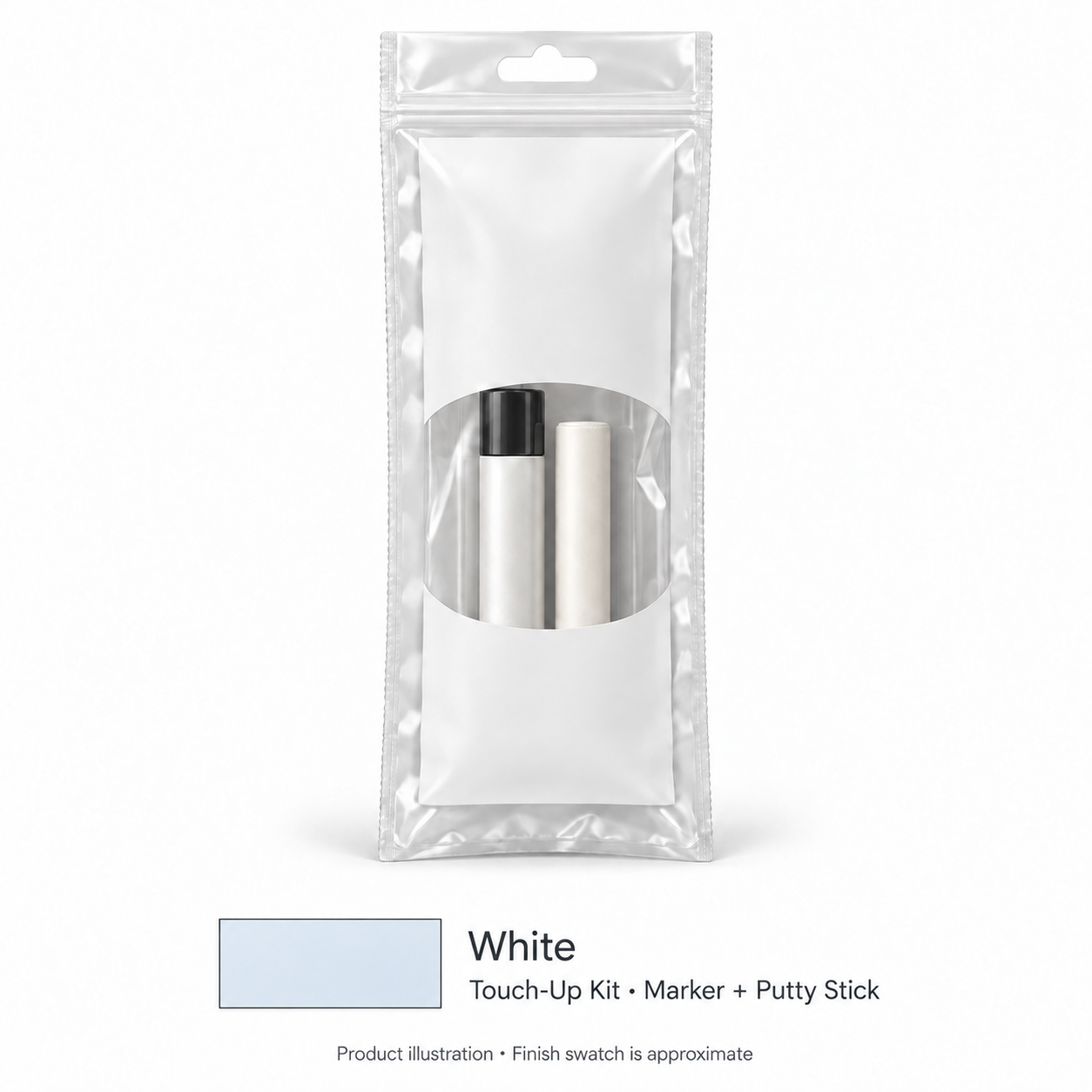 Signature Shaker Touch-Up Kits for White; neutral product illustration with approximate finish swatch