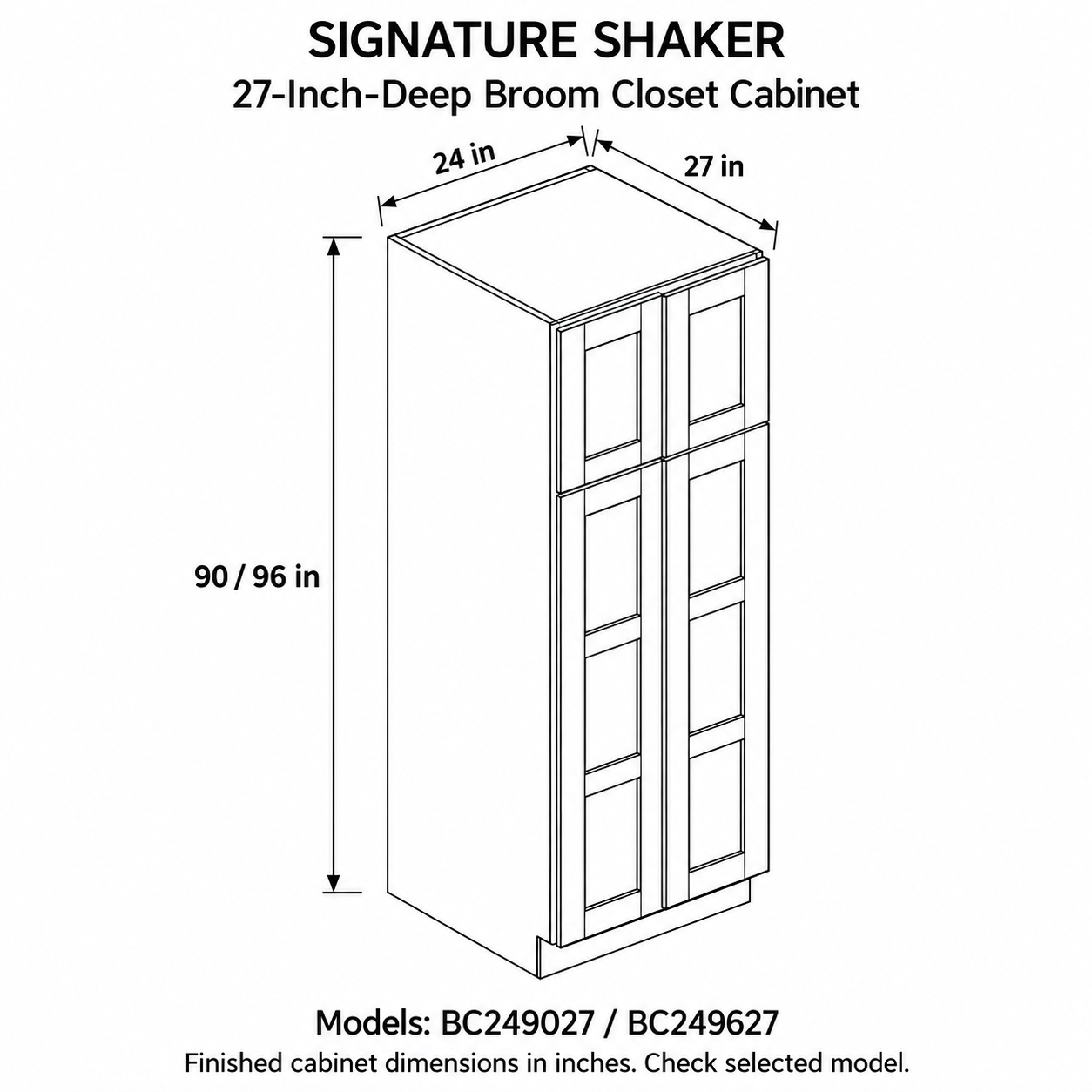 Signature Shaker 27-Inch-Deep Broom Closet Cabinet dimensions and configuration