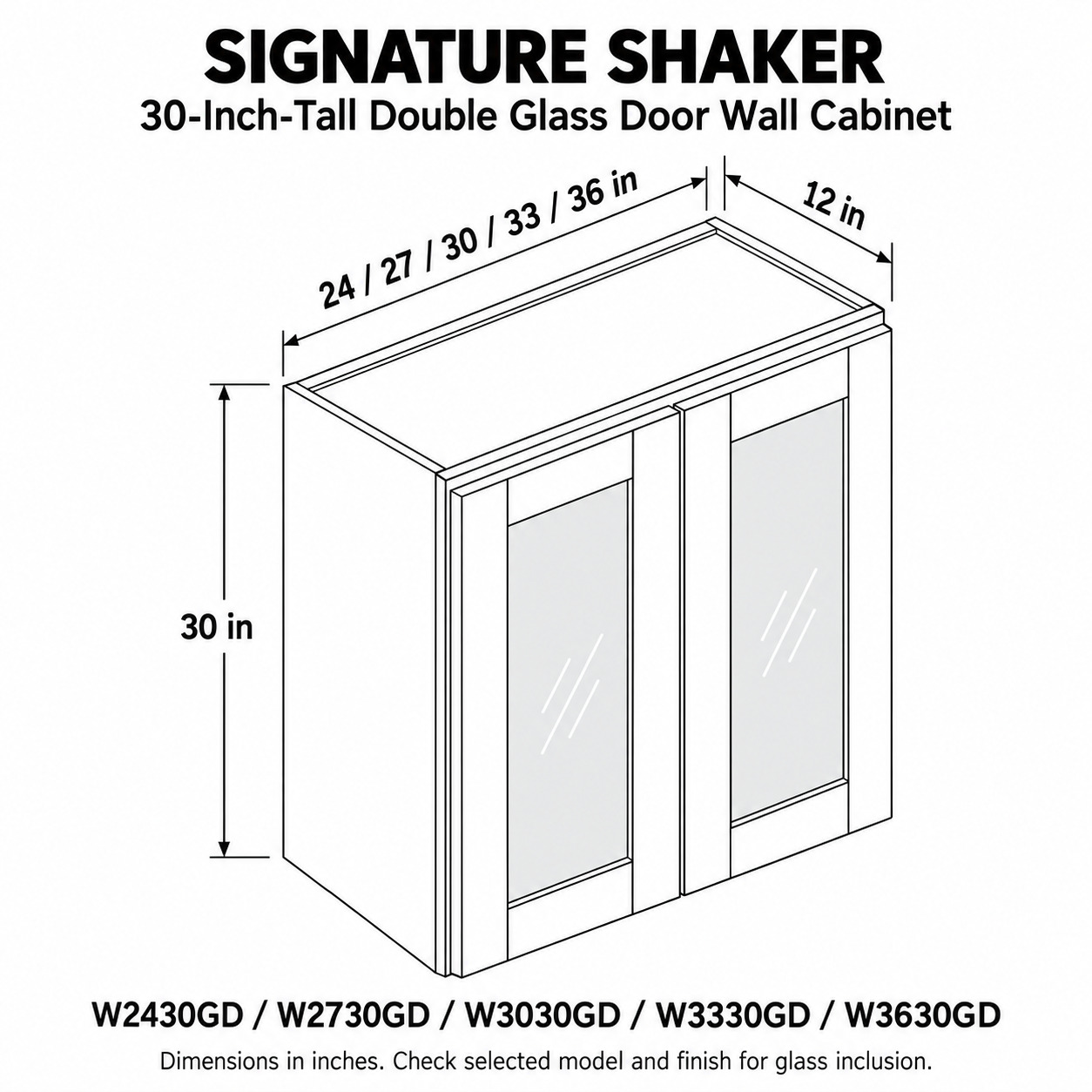 Signature Shaker 30-Inch-Tall Double Glass Door Wall Cabinet dimensions and configuration
