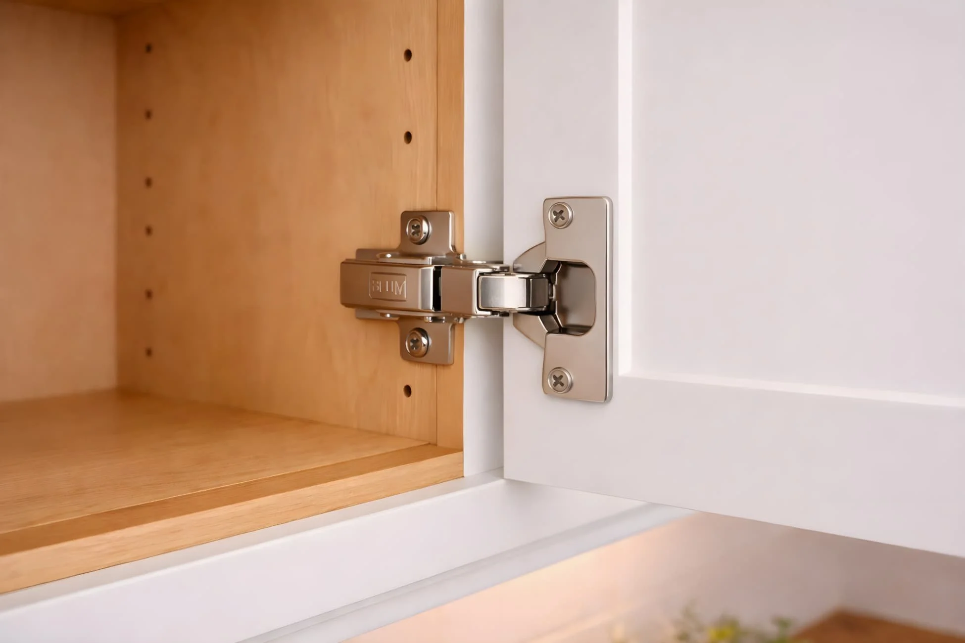 Blum soft-close cabinet hinge installed inside a white kitchen cabinet showing premium hardware and smooth door operation