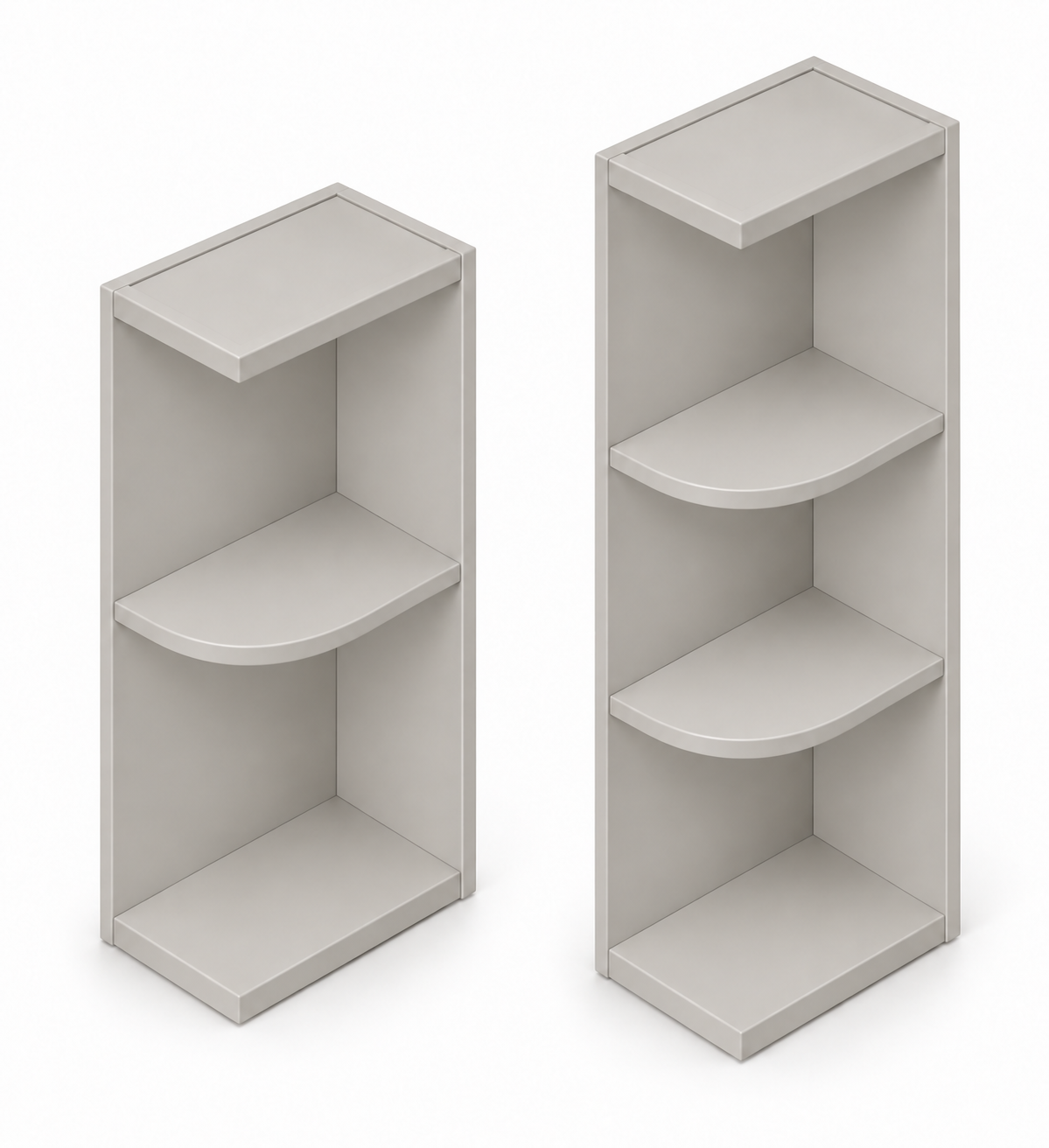 Slim Shaker decorative wall end shelves in Silver Gray; one-shelf and two-shelf configurations