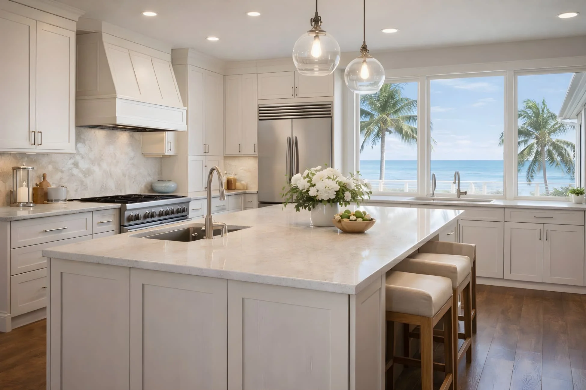 Coastal kitchen with marine-resistant cabinetry materials designed for humidity and salt air environments