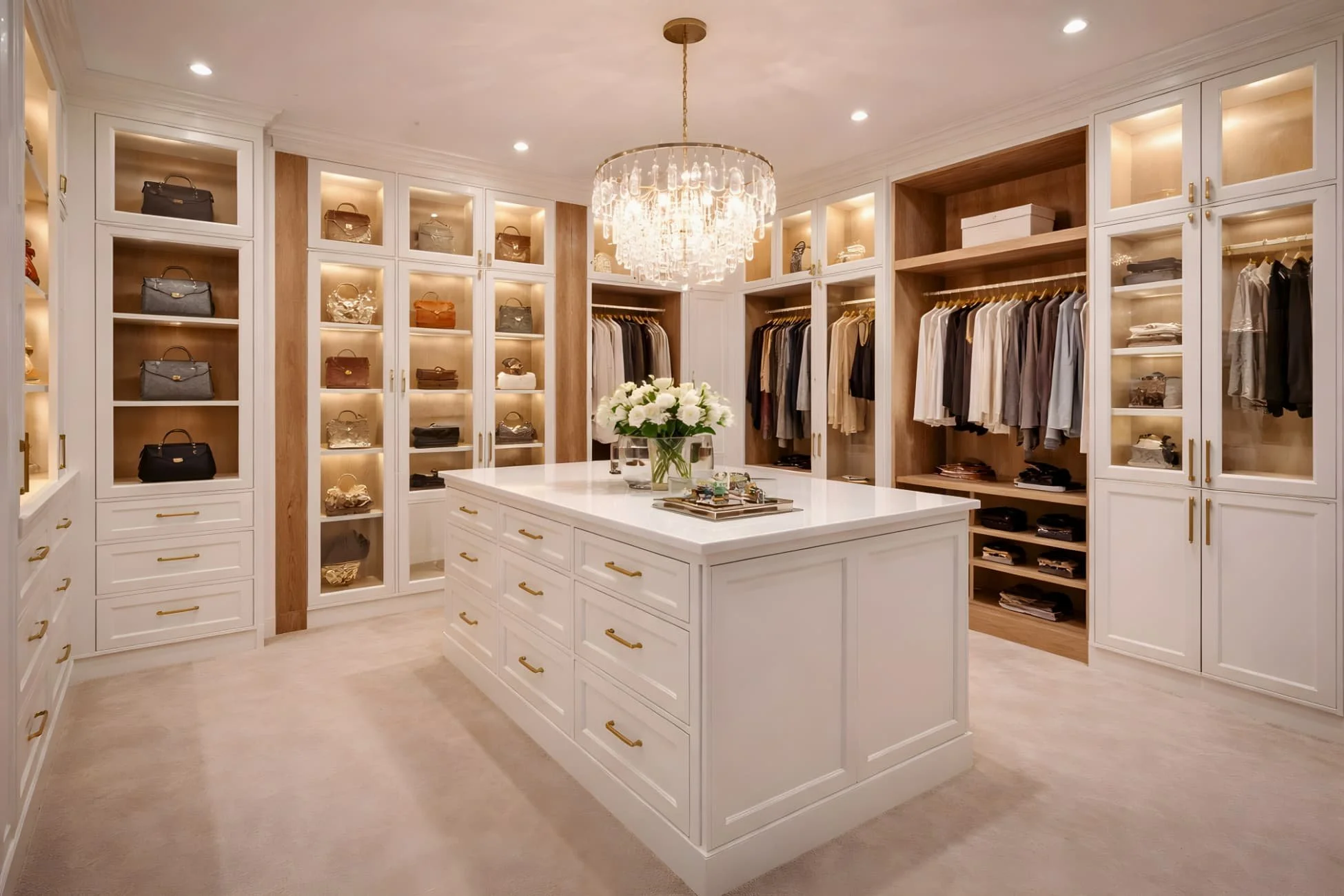 Luxury white shaker and white oak walk-in closet with center island and 5000K LED accent lighting