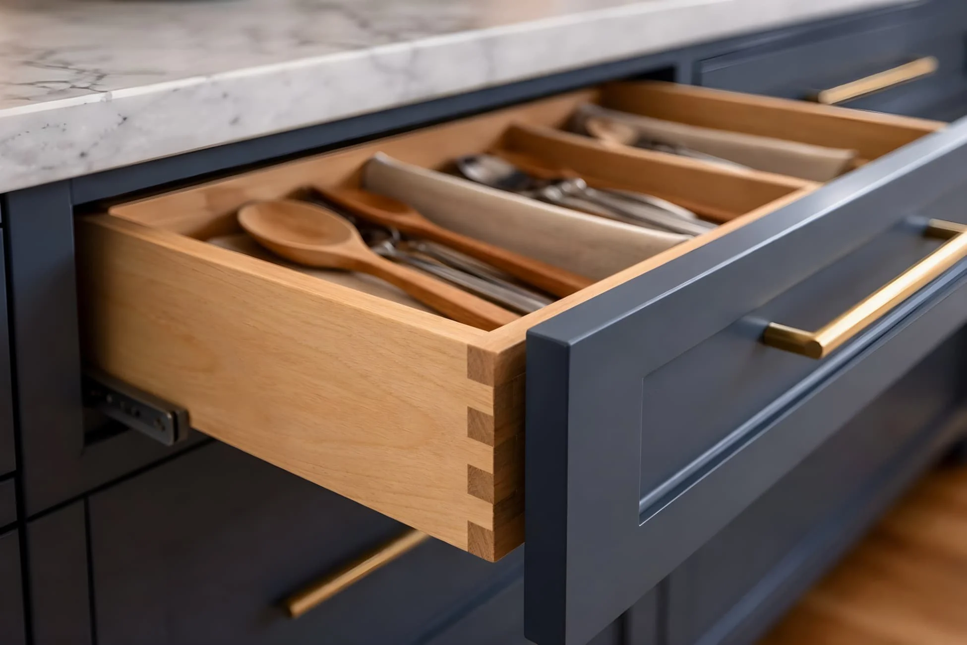 Dovetail drawer box showing interlocking wood joints, thick drawer sides, and soft-close slide hardware in a custom kitchen cabinet
