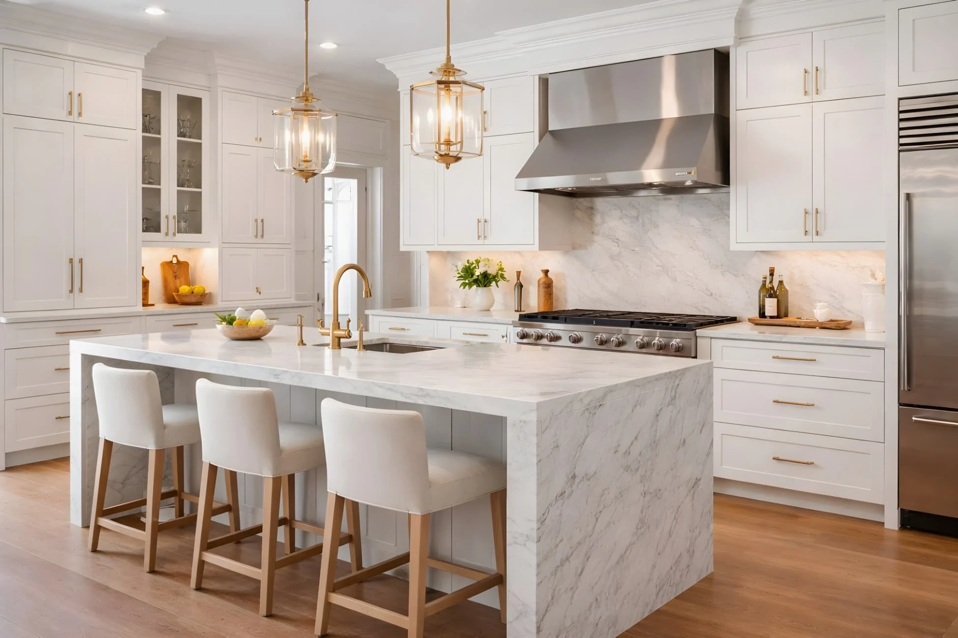 Luxury kitchen featuring custom cabinetry, marble island, soft-close hardware, and premium finishes in a modern high-end home