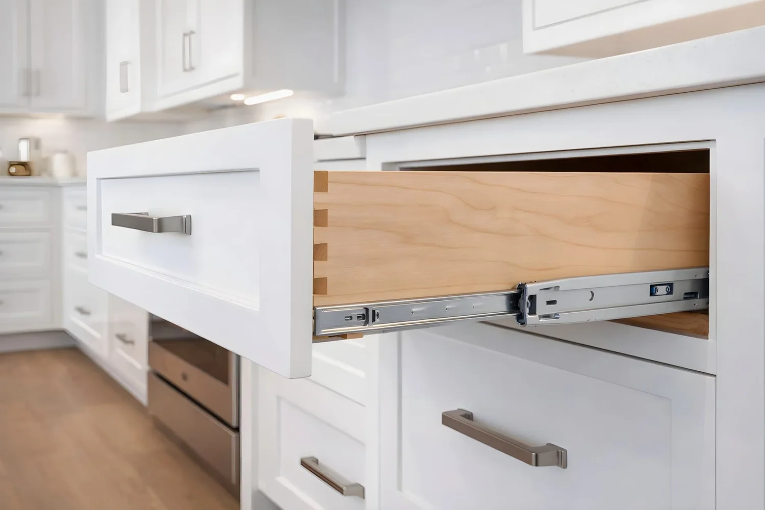 Dovetail cabinet drawer with full-extension soft-close hardware