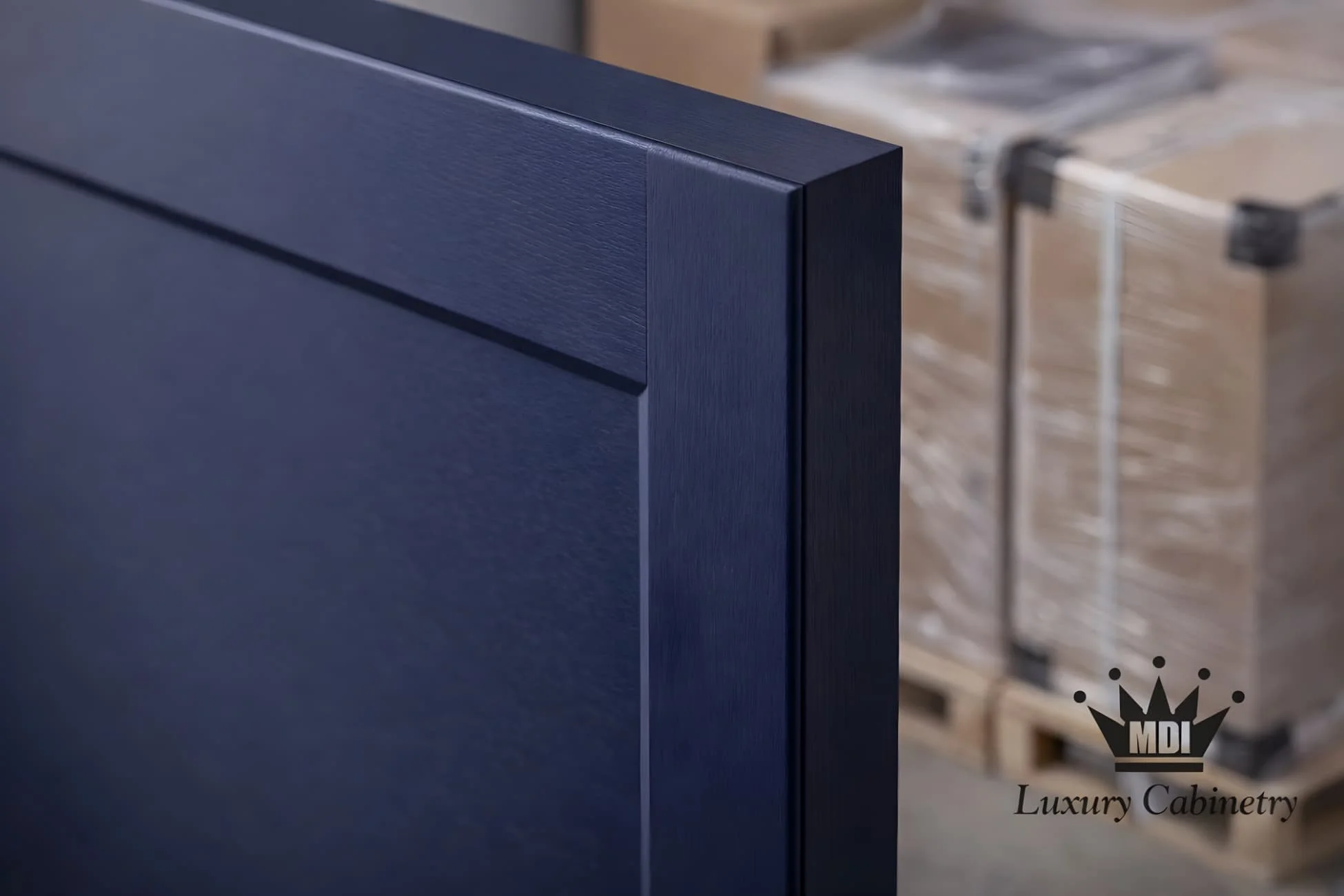 MDI Luxury Cabinetry craftsmanship detail showing a navy blue shaker cabinet door with precise joinery and cabinets prepared for delivery in the background