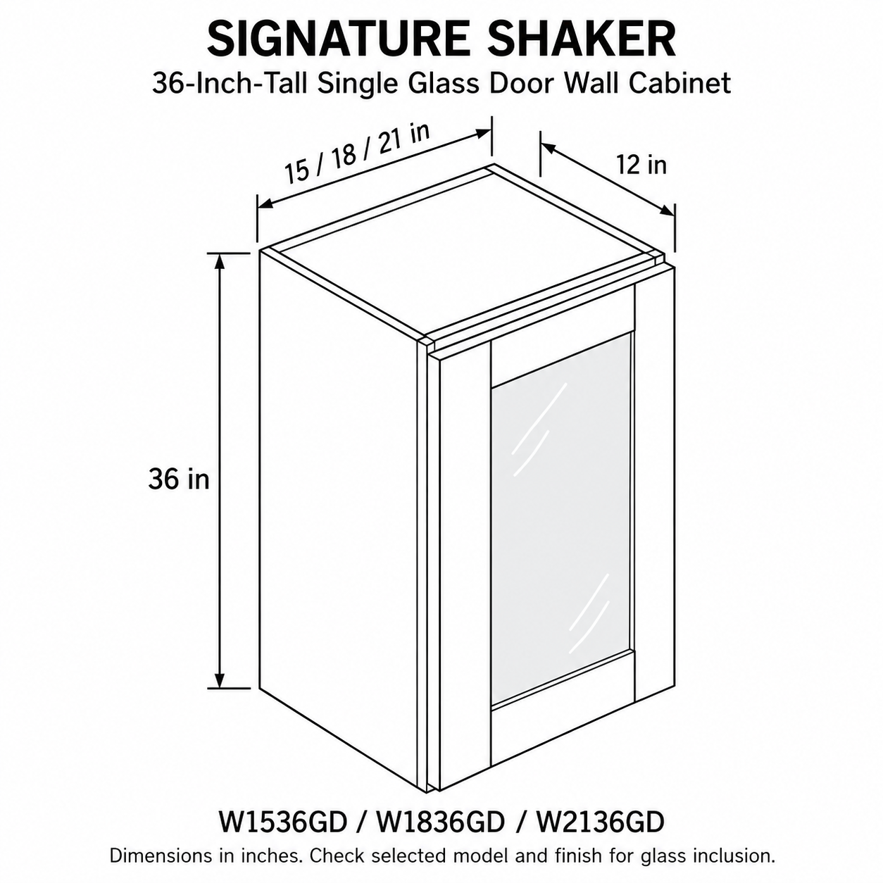 Signature Shaker 36-Inch-Tall Single Glass Door Wall Cabinet dimensions and configuration