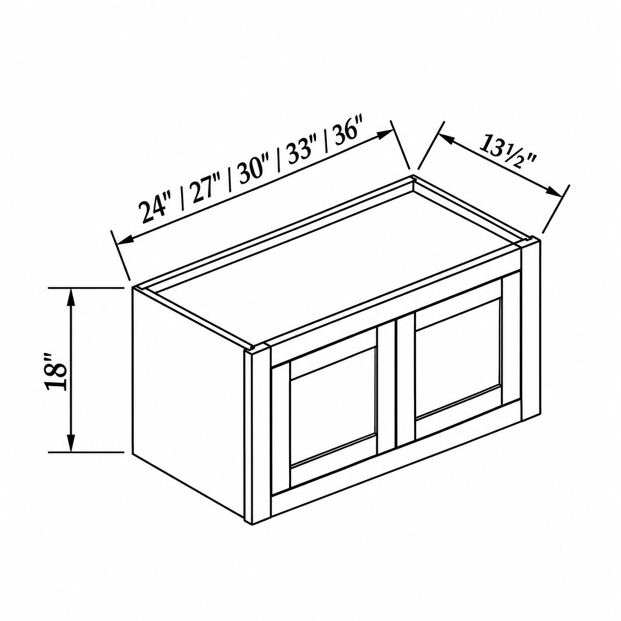 MDI Inset double-door wall cabinet dimensions: 24, 27, 30, 33, 36 inches wide, 18 inches high and 13.5 inches deep