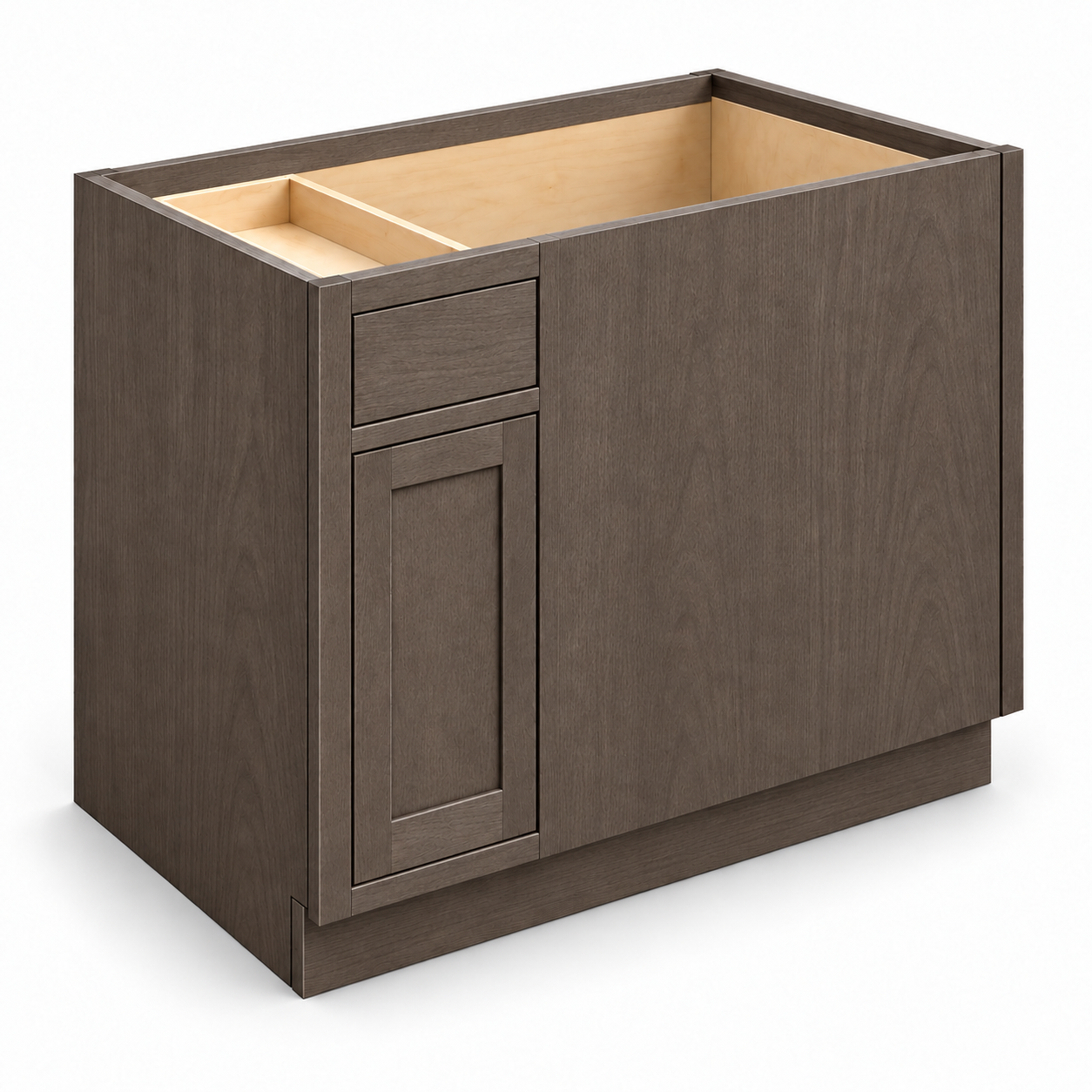 MDI Inset blind corner base with one working drawer, one inset door and a plain blind panel in Truffle Brown