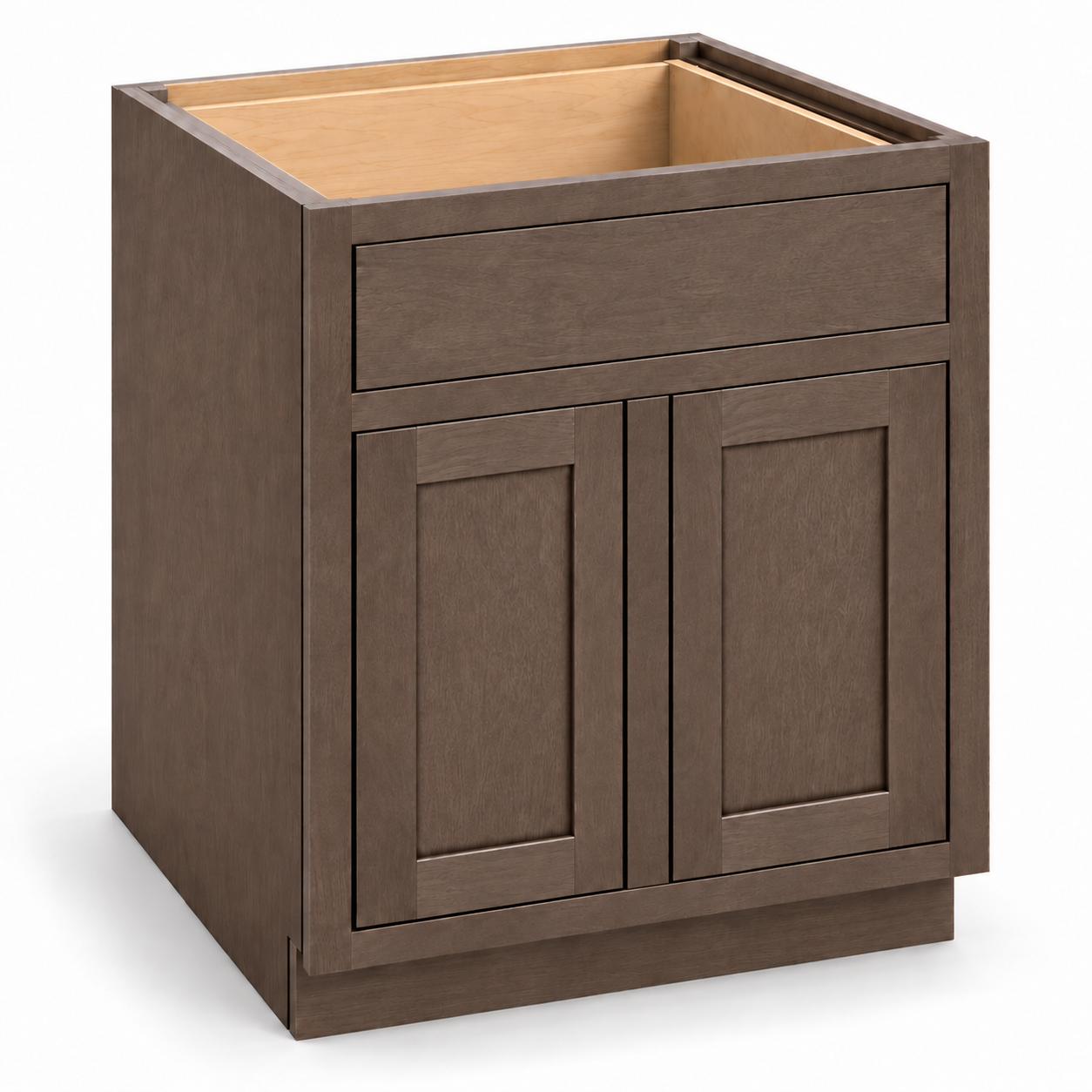 MDI Inset Truffle Brown sink base with two recessed-panel inset doors and one fixed slab false front