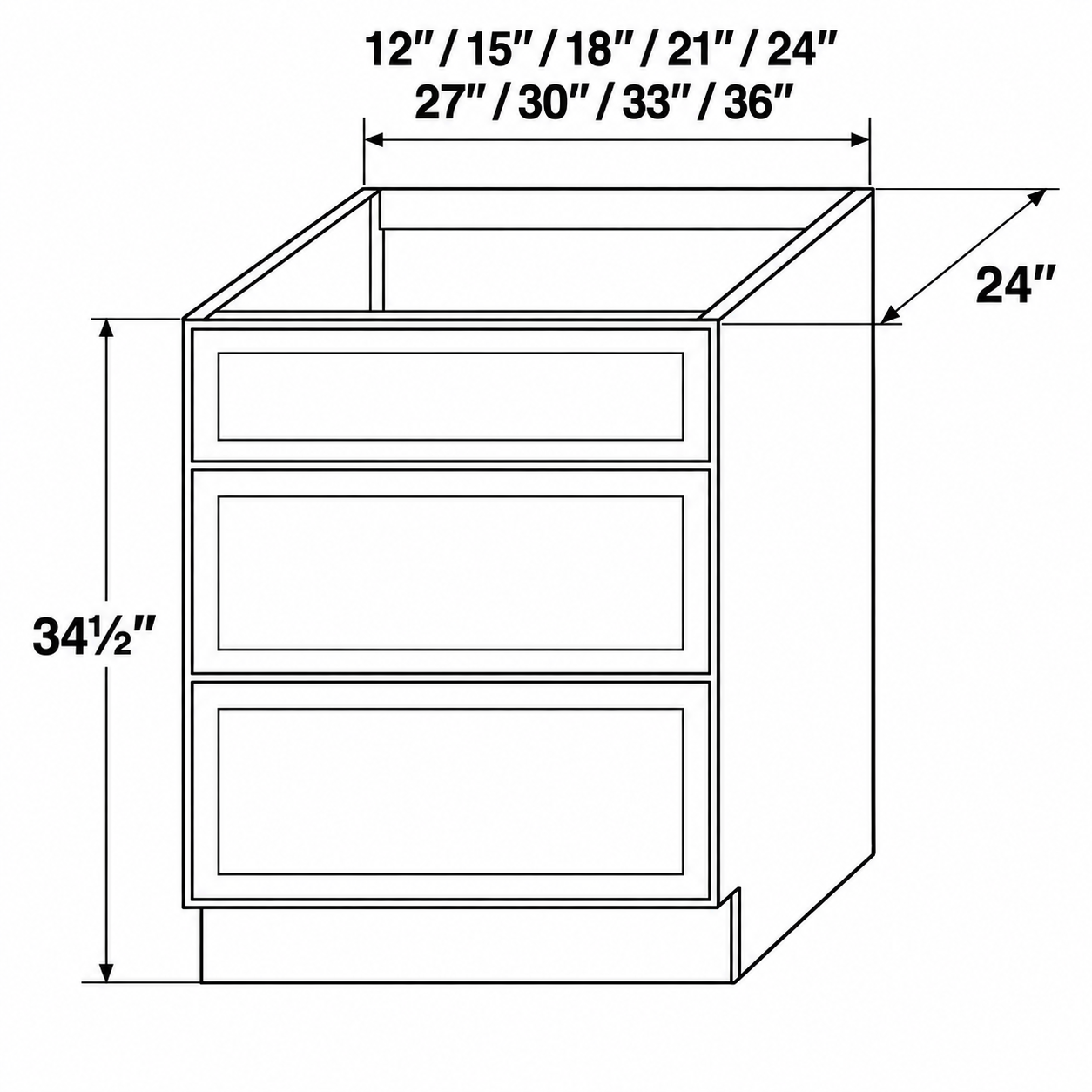 Slim Shaker Three Drawer Base Cabinet - Dimensions.png