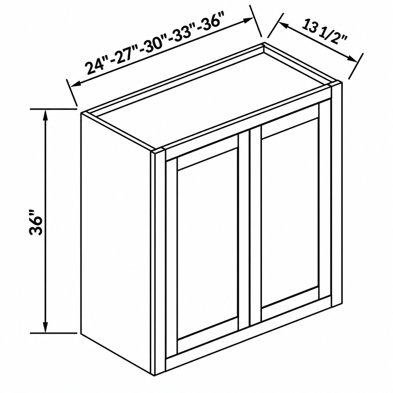 MDI Inset double-door wall dimensions: 24, 27, 30, 33 or 36 inches wide, 36 inches high and 13.5 inches deep
