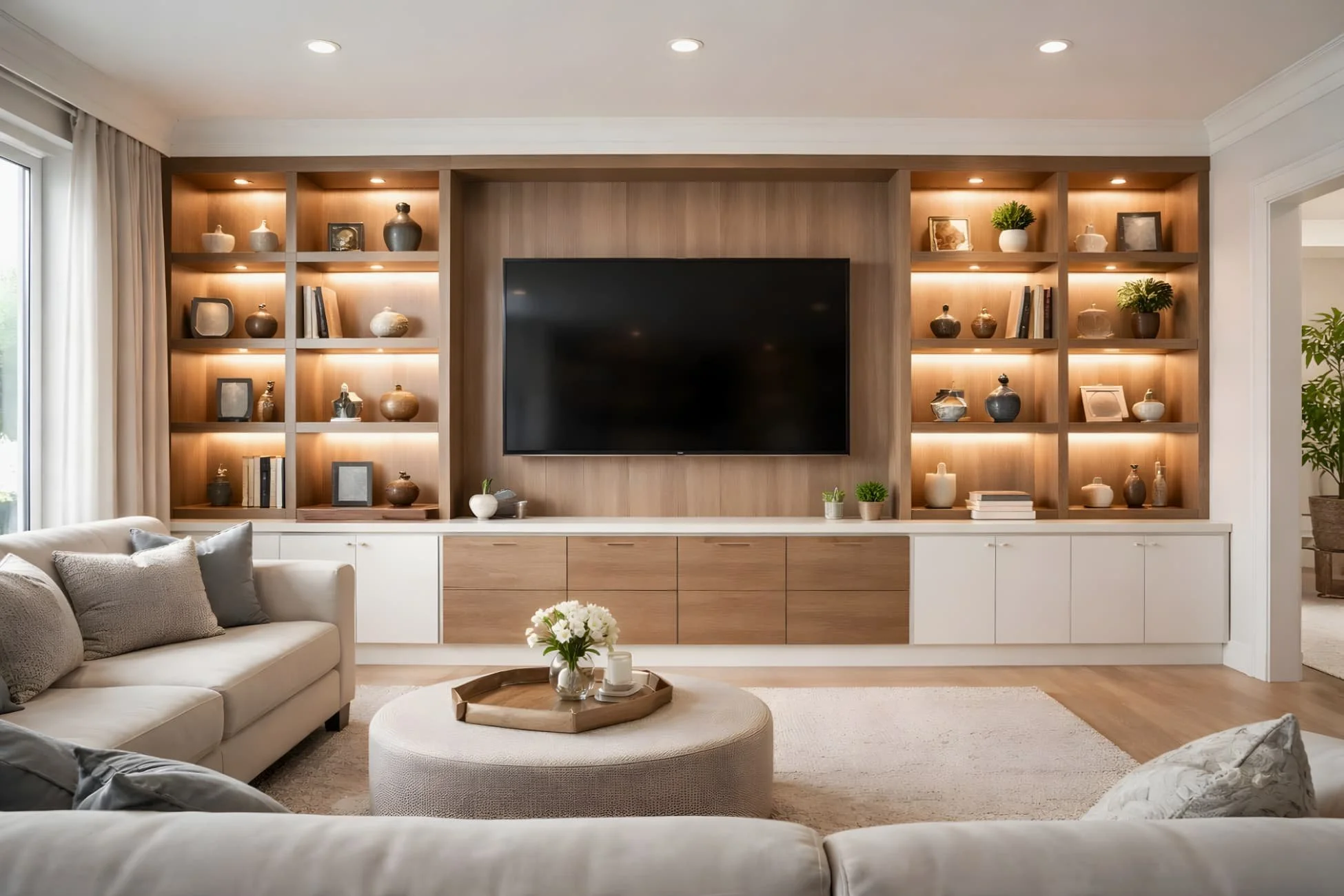 Custom built-in wall unit with media storage and integrated shelving