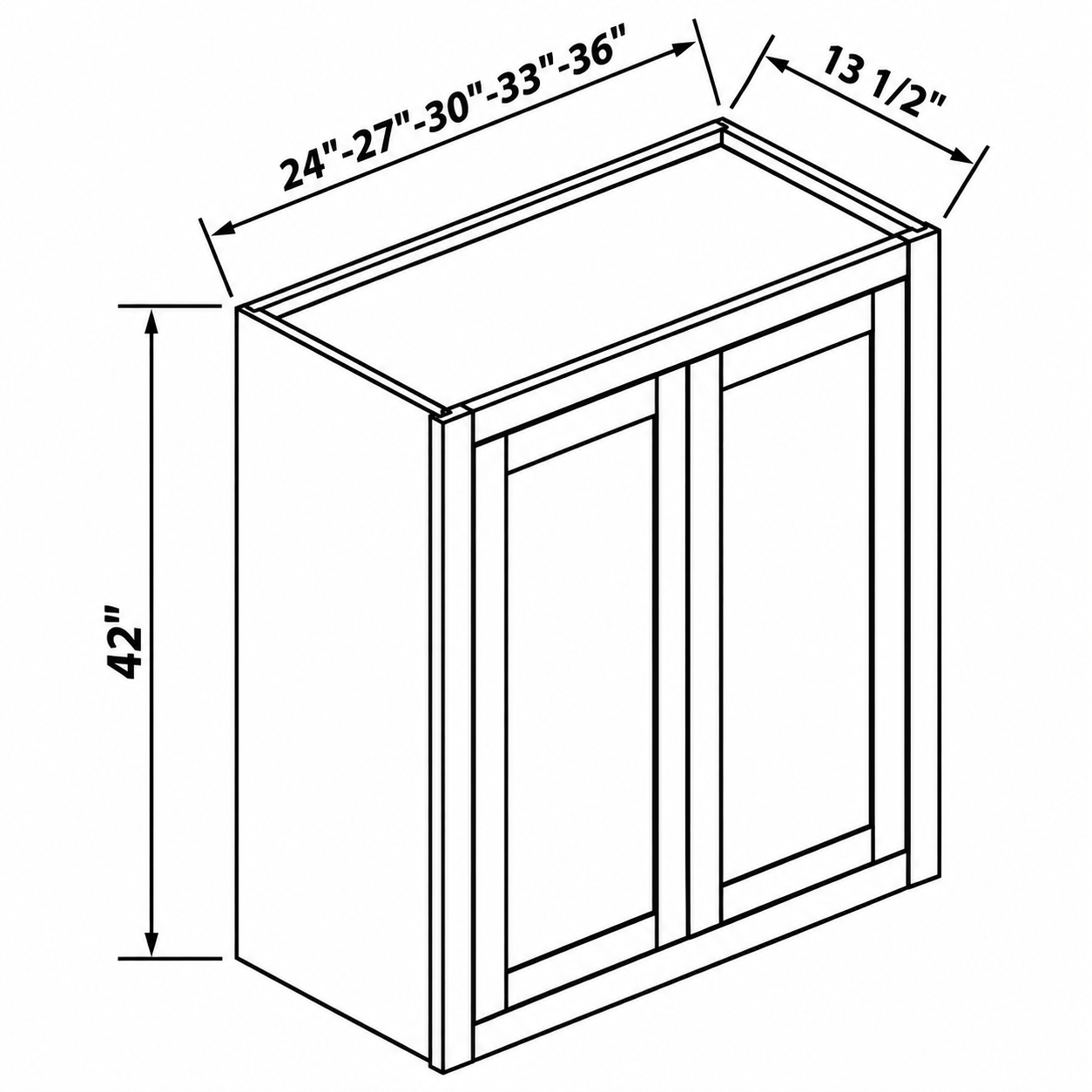 MDI Inset double-door wall dimensions: 24, 27, 30, 33 or 36 inches wide, 42 inches high and 13.5 inches deep